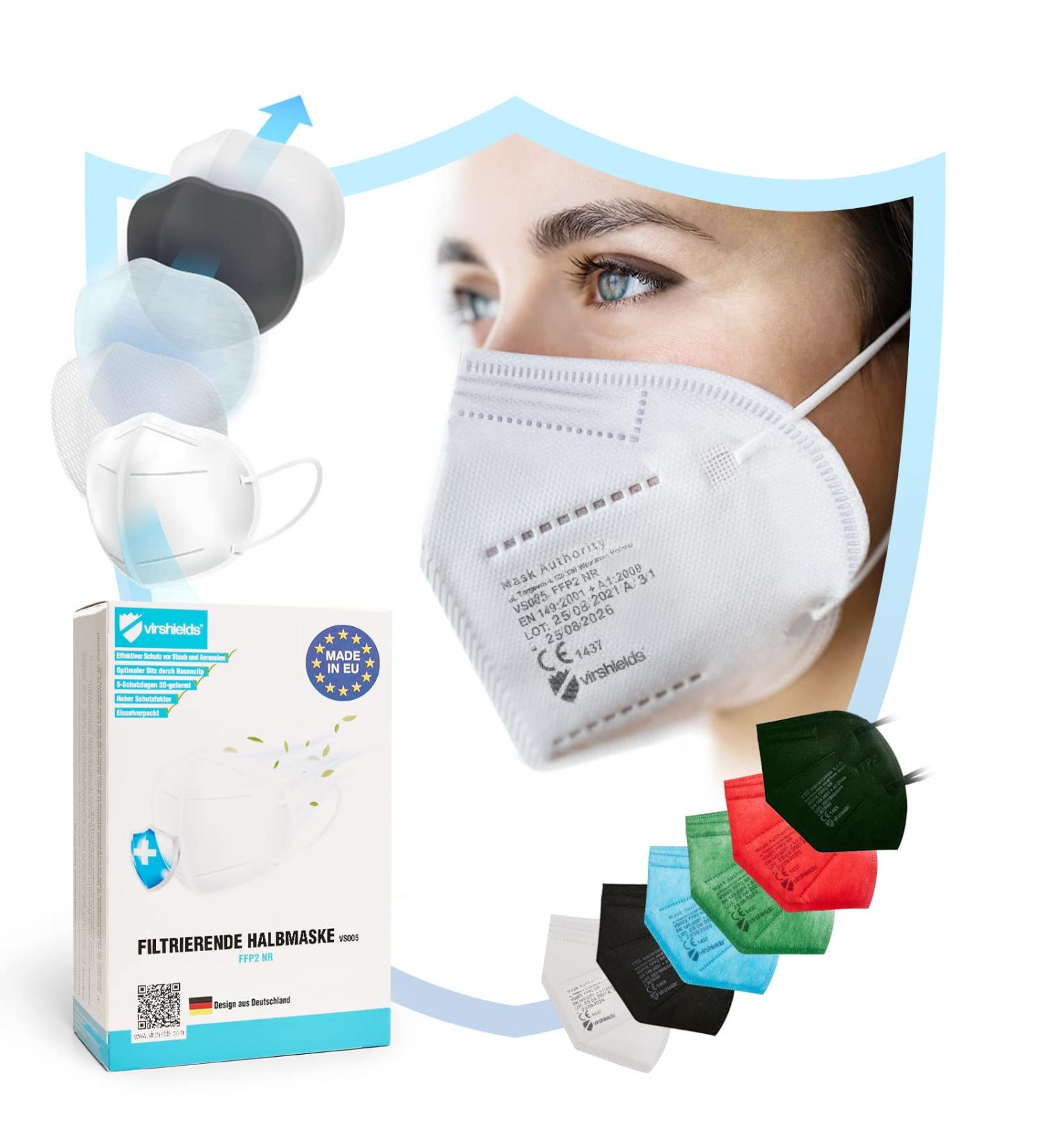 Virshields FFP2 Face Mask - 5 Layers PFE 94% VFE 99.99% - EN 149:2001 Made in EU Bulk Options Available - White (50 Pack) - Buy Online on GoSupps.com