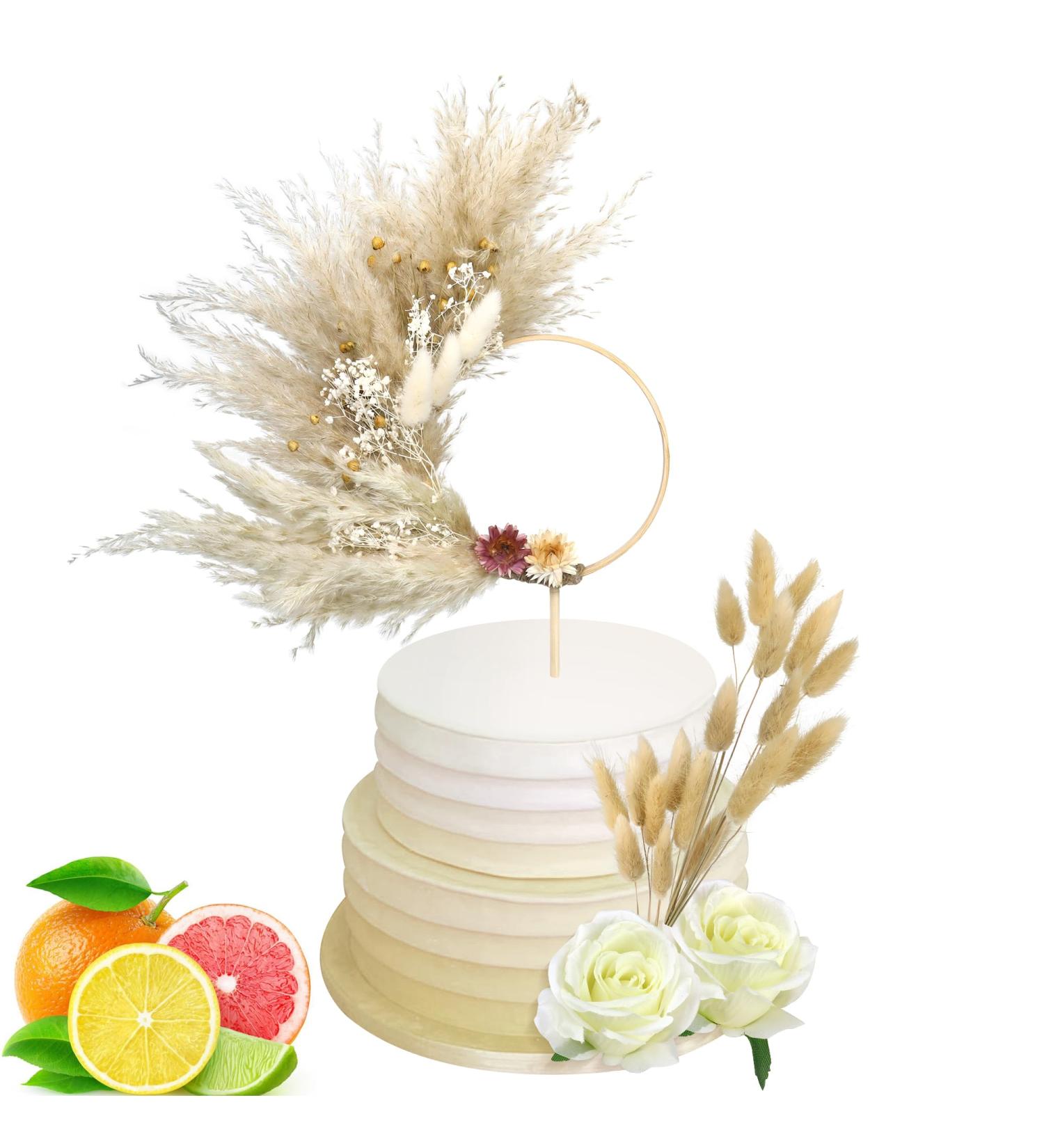 Boho Cake Topper Decorations - Natural Pampas Grass & Dried Flower Cake Toppers with Wooden Hoop - Perfect for Bohemian Wedding, Baby Shower, Birthday Party - 13PCS - Buy Online on GoSupps.com