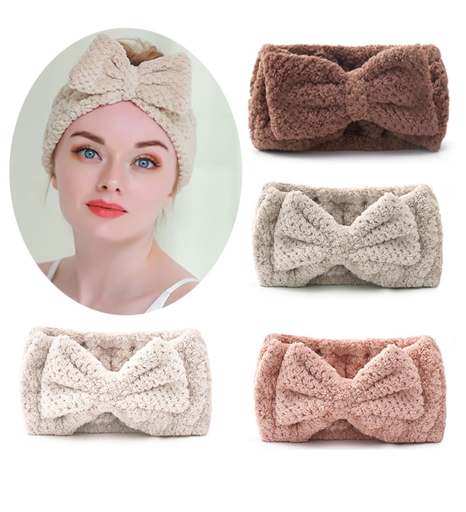 Senllori 4-Piece Spa Bowknot Hair Bands - Coral Fleece Makeup Headbands for Face Washing Showers Yoga & Skin Care - Elastic Cosmetic Accessories - Buy Online on GoSupps.com