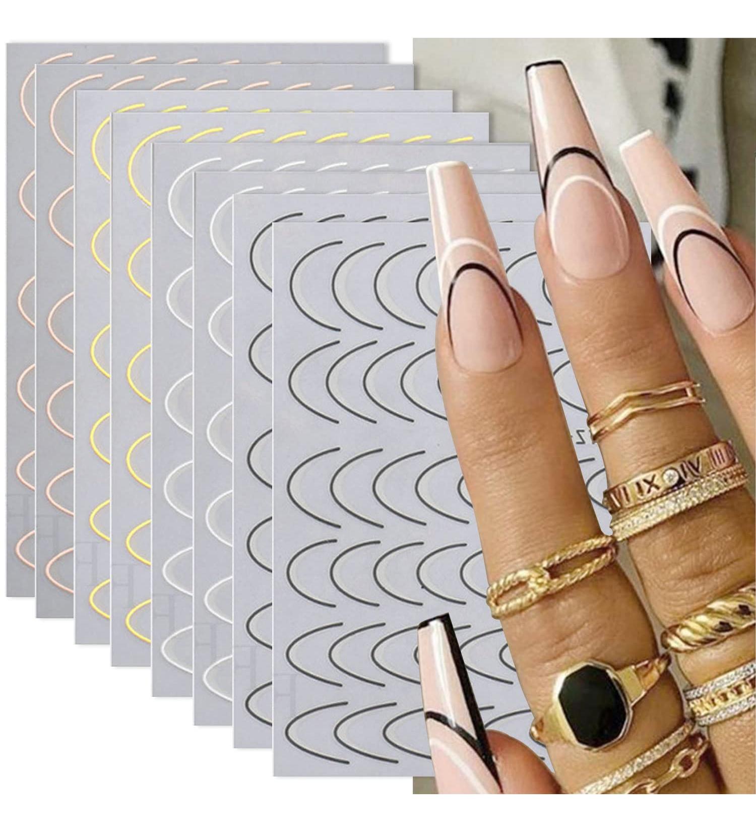 French Line U-Shaped Nail Art Stickers - 8 Sheets Exquisite Decals in Gold, Silver, Black, and Rose Gold for Women and Girls - Buy Online on GoSupps.com