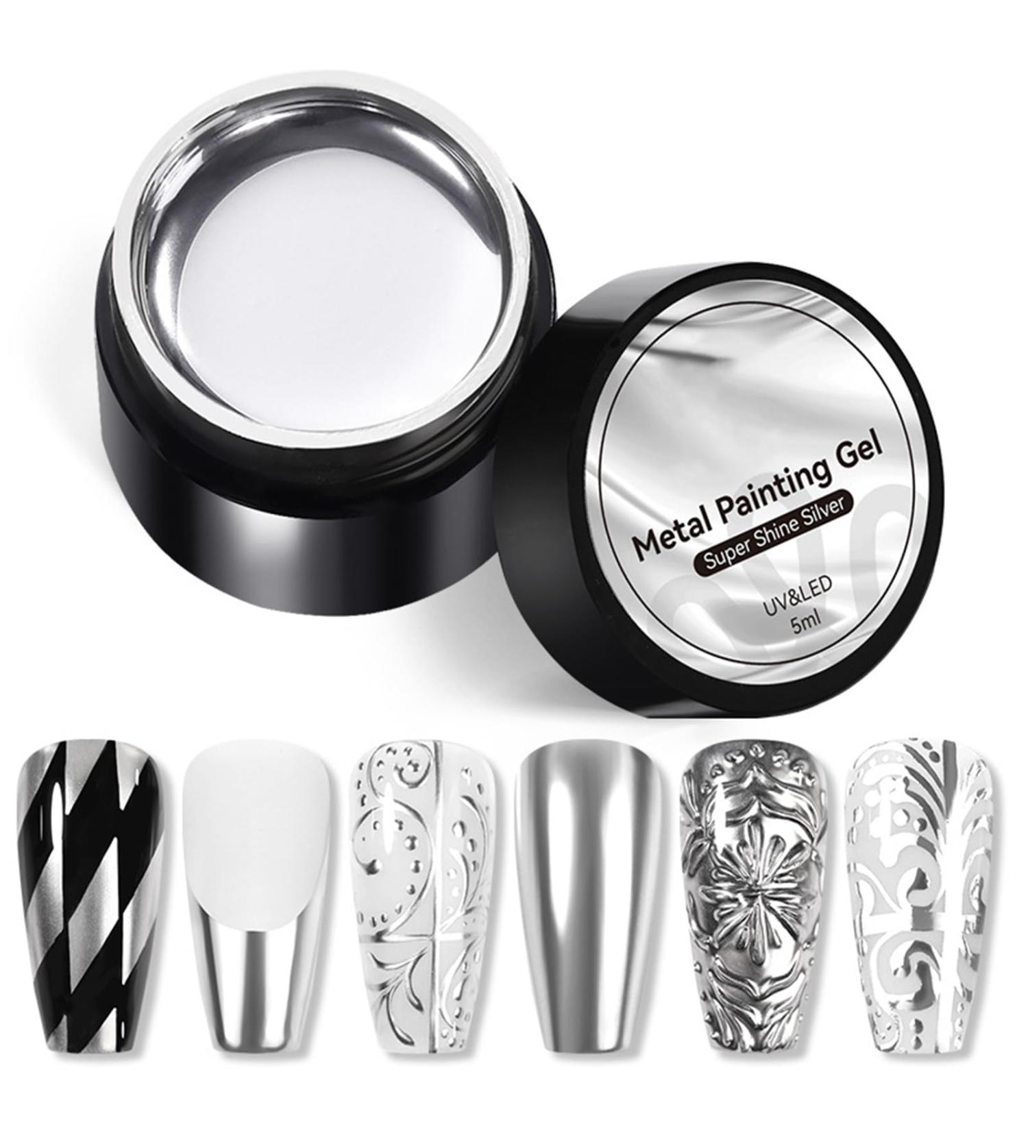Metallic Painting Gel - Silver Metal Painted Gel Nail Polish - 3D Metal Painting Gel Drawing Mirror Silver UV Painting Gel - Glossy DIY Nail Art for Women Girls - Buy Online on GoSupps.com