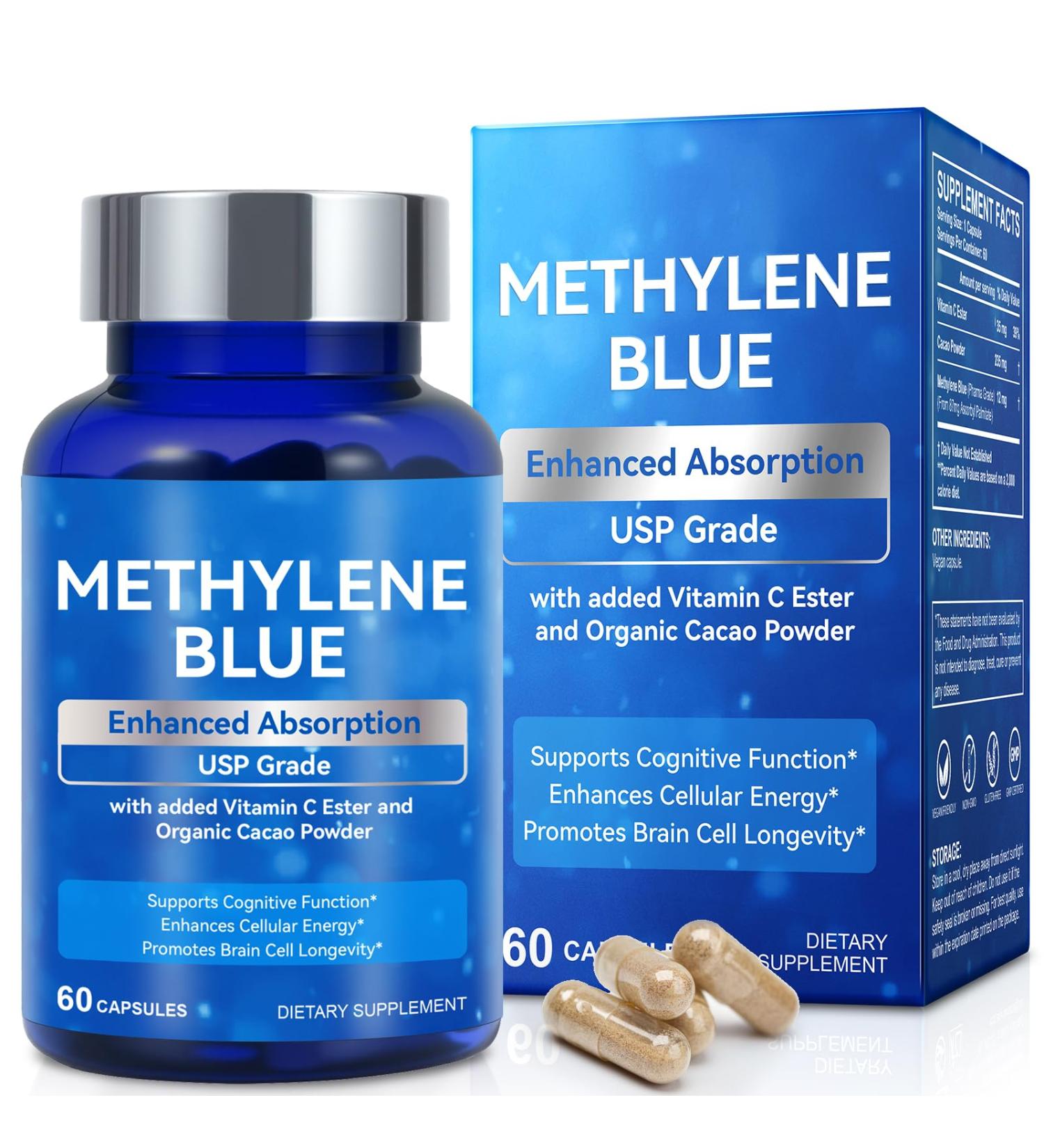 Methylene Blue (USP Grade) Pharma Grade Supplements for Brain Health with Added Vitamin C Ester for Enhanced Absorption Brain Supplement Memory Focus Clarity Cognitive Energy 60 Capsules - Buy Online on GoSupps.com