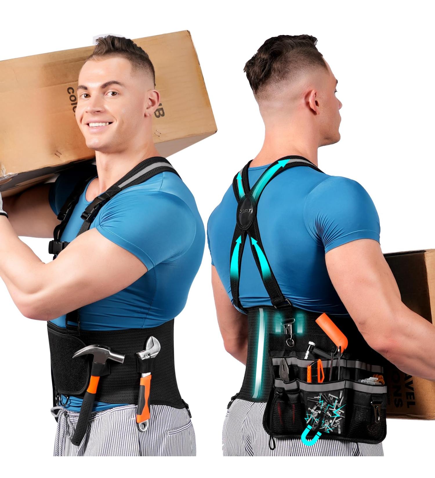 Lower Back Brace with Suspenders | Adjustable Back Support Belt for Men & Women | Heavy Lifting Pain Relief | Tool Bag Included - Size S - Buy Online on GoSupps.com