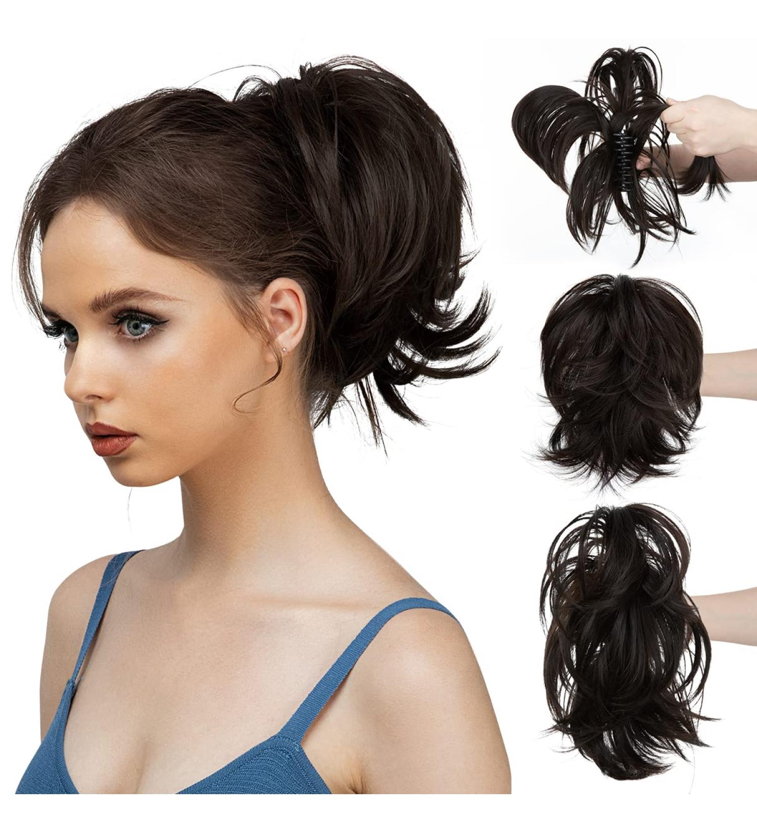 Short Messy Bun Claw Clip Hairpiece - Black/Brown Straight Fake Hair Extension - Buy Online on GoSupps.com