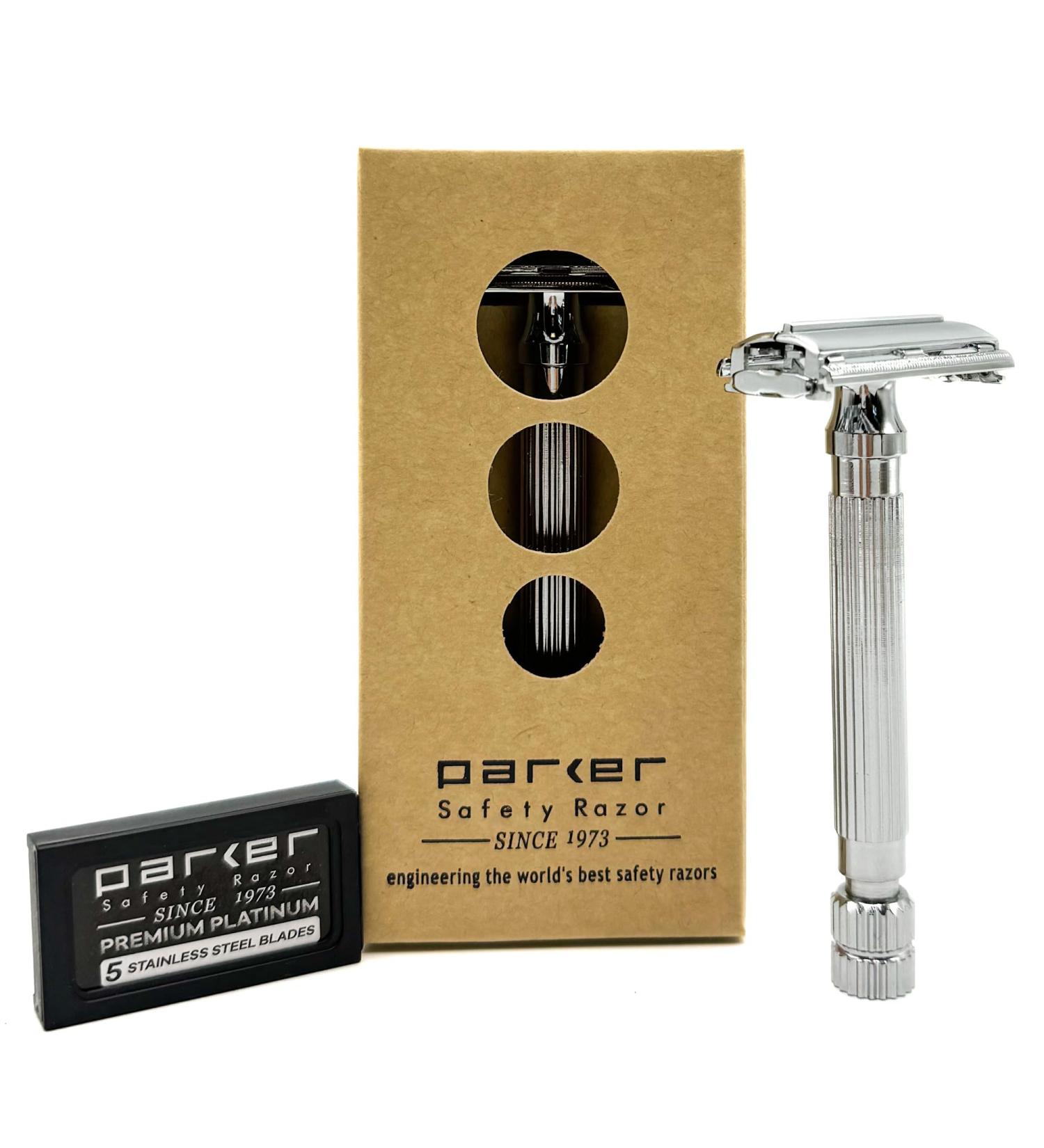 Parker Safety Razor Model 82R - Deluxe Chrome Heavyweight Twist-to-Open Butterfly Razor + 5 Double Edge Blades | International Shipping - Buy Online on GoSupps.com