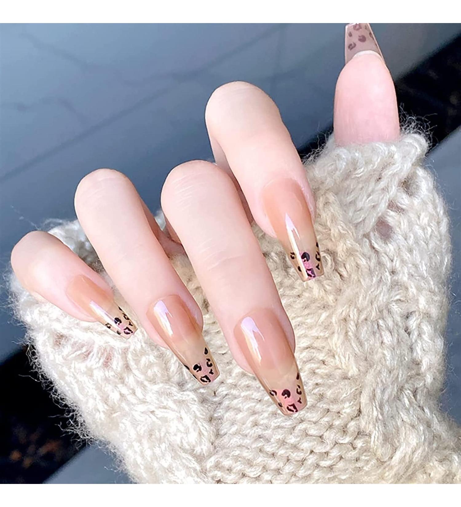 Press on Nails Professinal False Fake Nail Kit 3D French Long Press on Nails Fake Nails Full Cover Ballerina Nails Tips with Leopard Print Love Heart Gradient Color - Buy Online on GoSupps.com