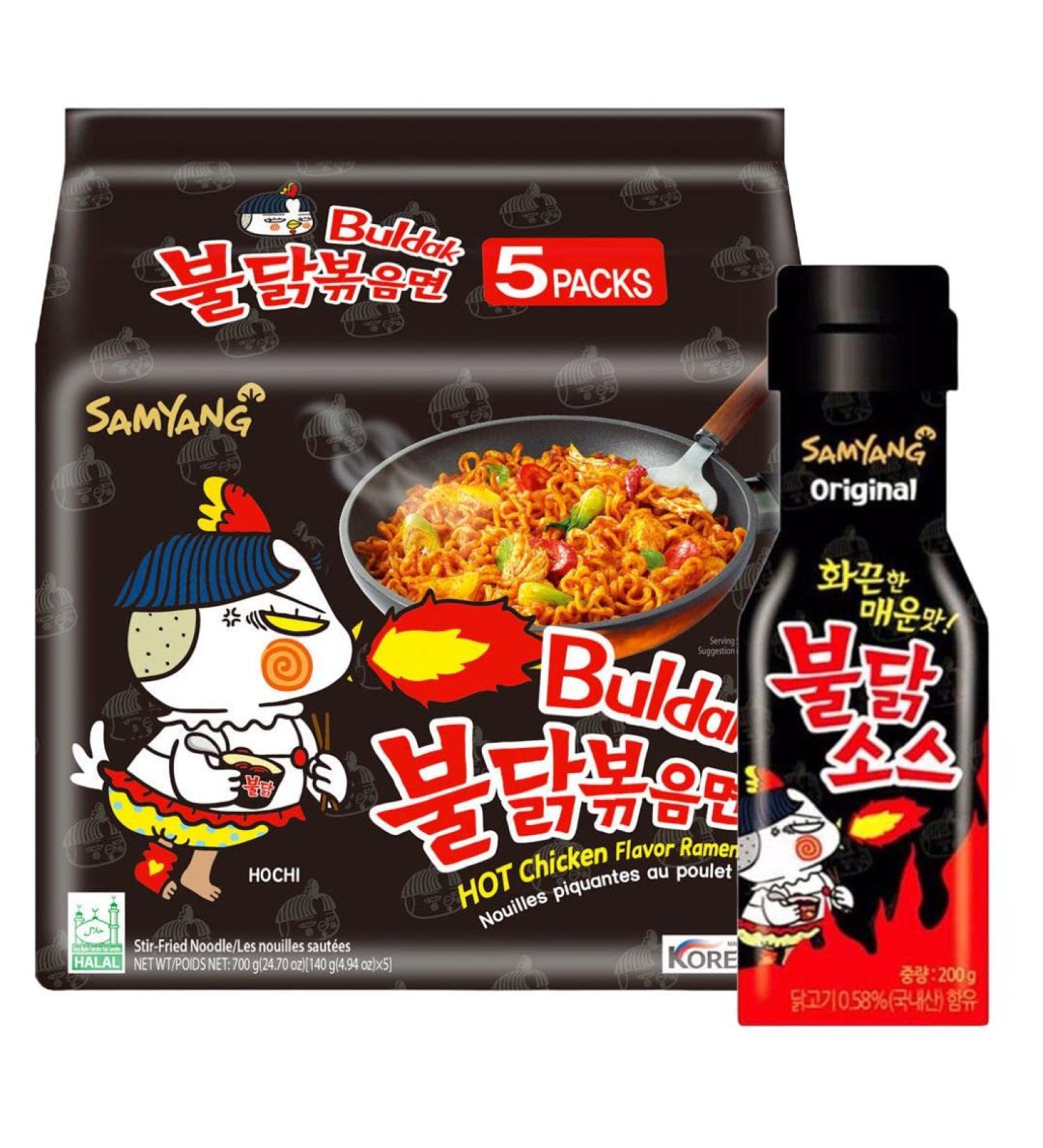 Samyang Buldak Hot Chicken Ramen Spicy Fire Noodle Ultimate Challenge - 5 Packs Original Noodles & 1 Bottle Fire Sauce - Buy Online on GoSupps.com