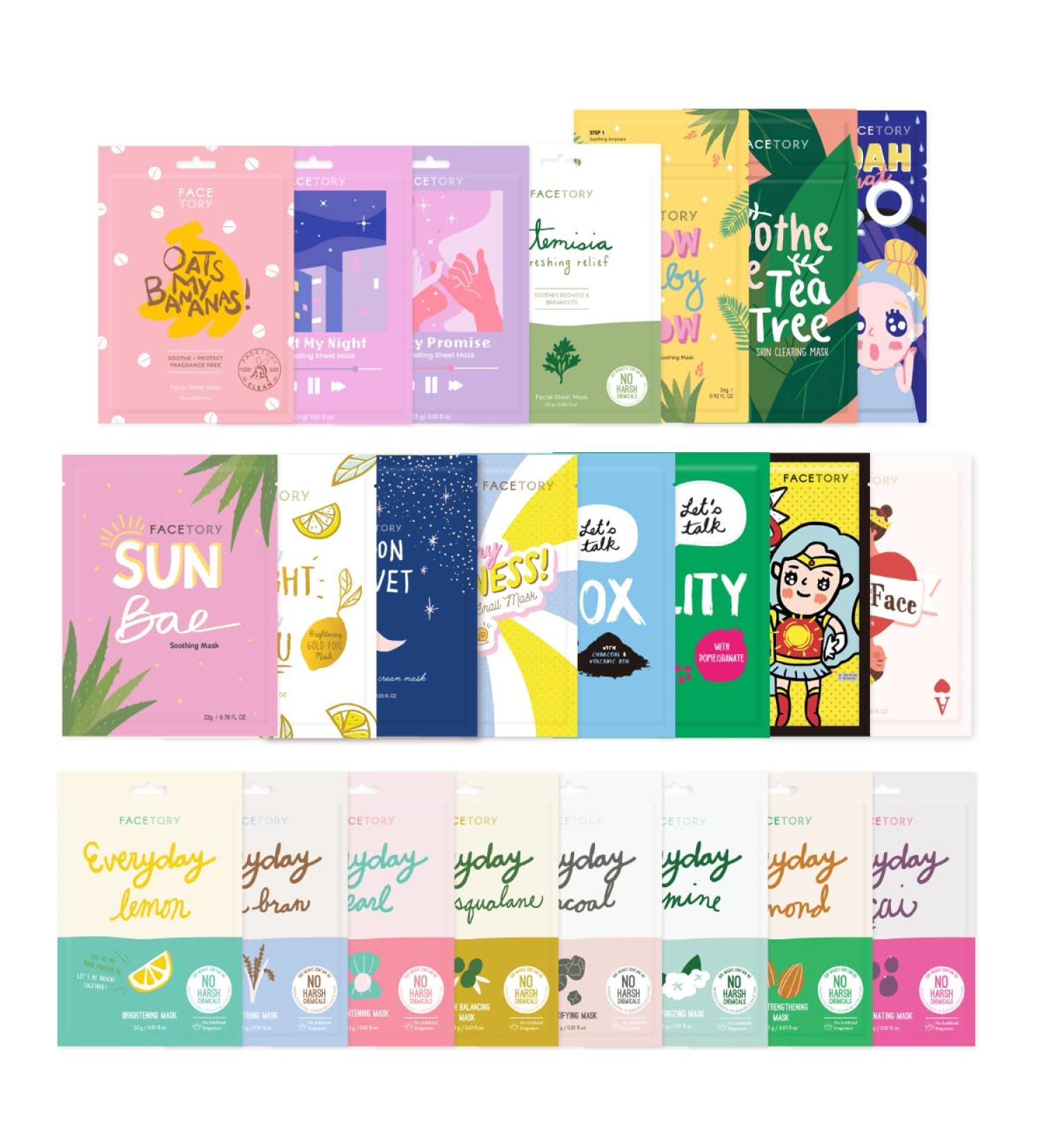 Facetory 23 Sheet Mask Collection - Hydrating, Moisturizing, Radiance Boosting | Made in Korea | Variety Pack of 23 Sheet Masks - For All Skin Types - Buy Online on GoSupps.com