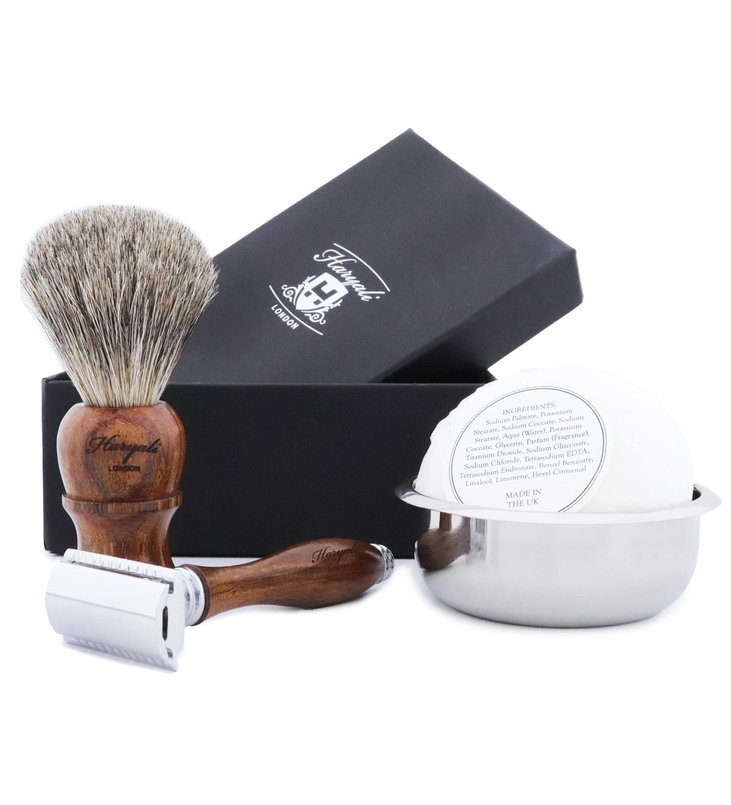 4-Piece Wooden Shaving Set for Men | Black Badger Hair Brush, DE Safety Razor, Stainless Steel Bowl, and Soap - Buy Online on GoSupps.com