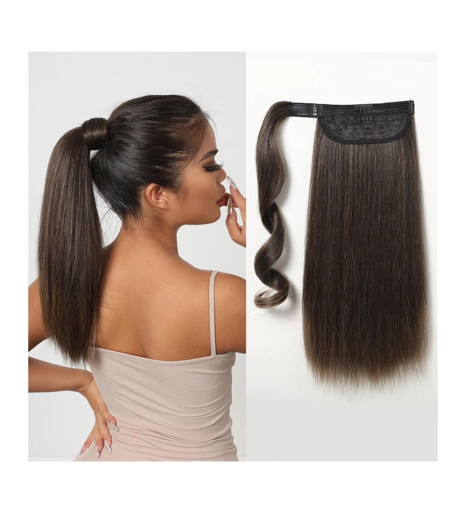 Ponytail Extensions Straight Ponytail Hairpiece for Women 16inch Ponytail Wrap Around Clip In Hair Extension Black Long Heat Resistant Fibre for Women(Dark Brown) - Buy Online on GoSupps.com