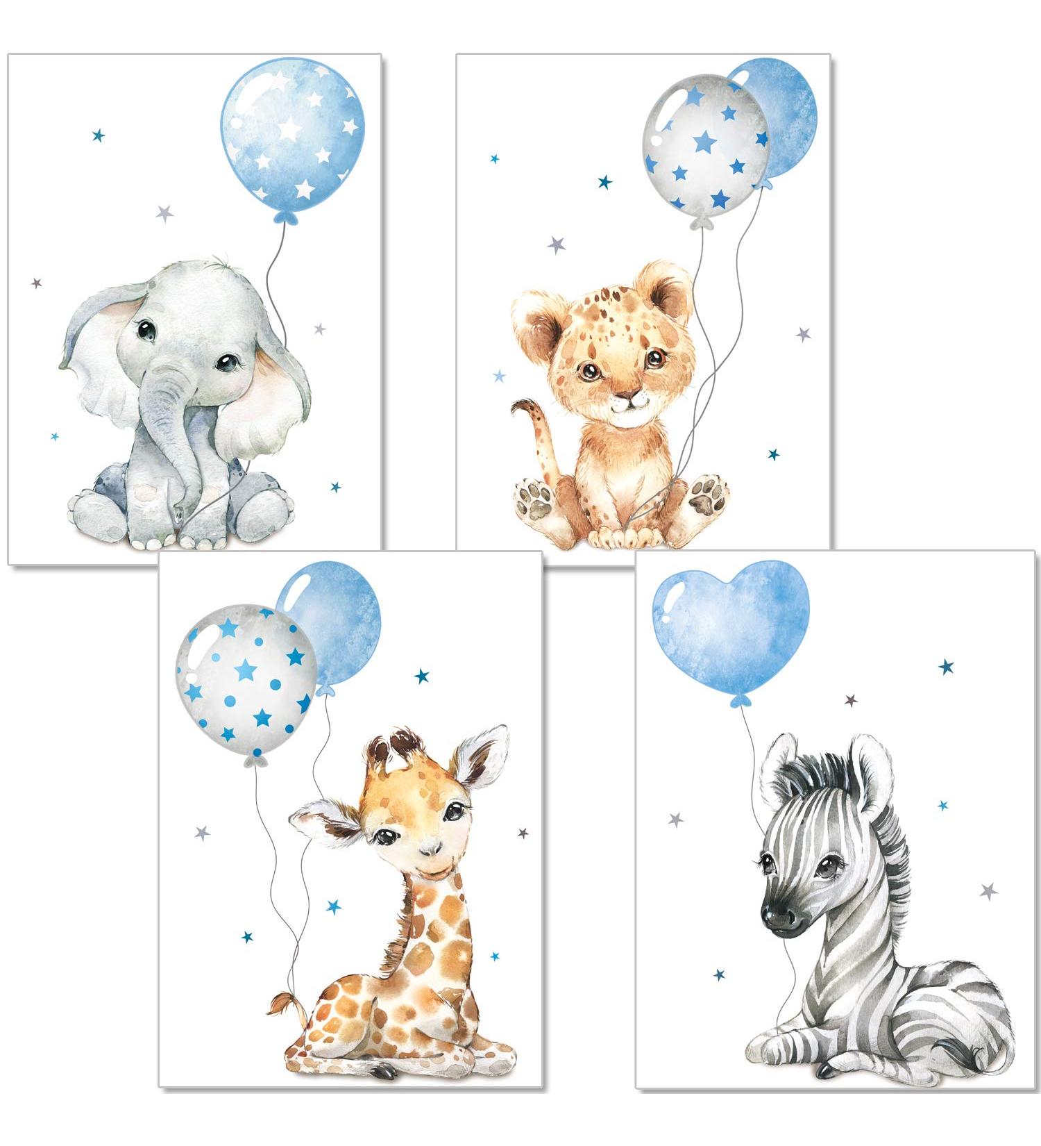 Safari Animals Baby Room Wall Poster | Nursery Decor | Kids Room Art | Grey Blue Balloon | DIN A4 Size - Buy Online on GoSupps.com