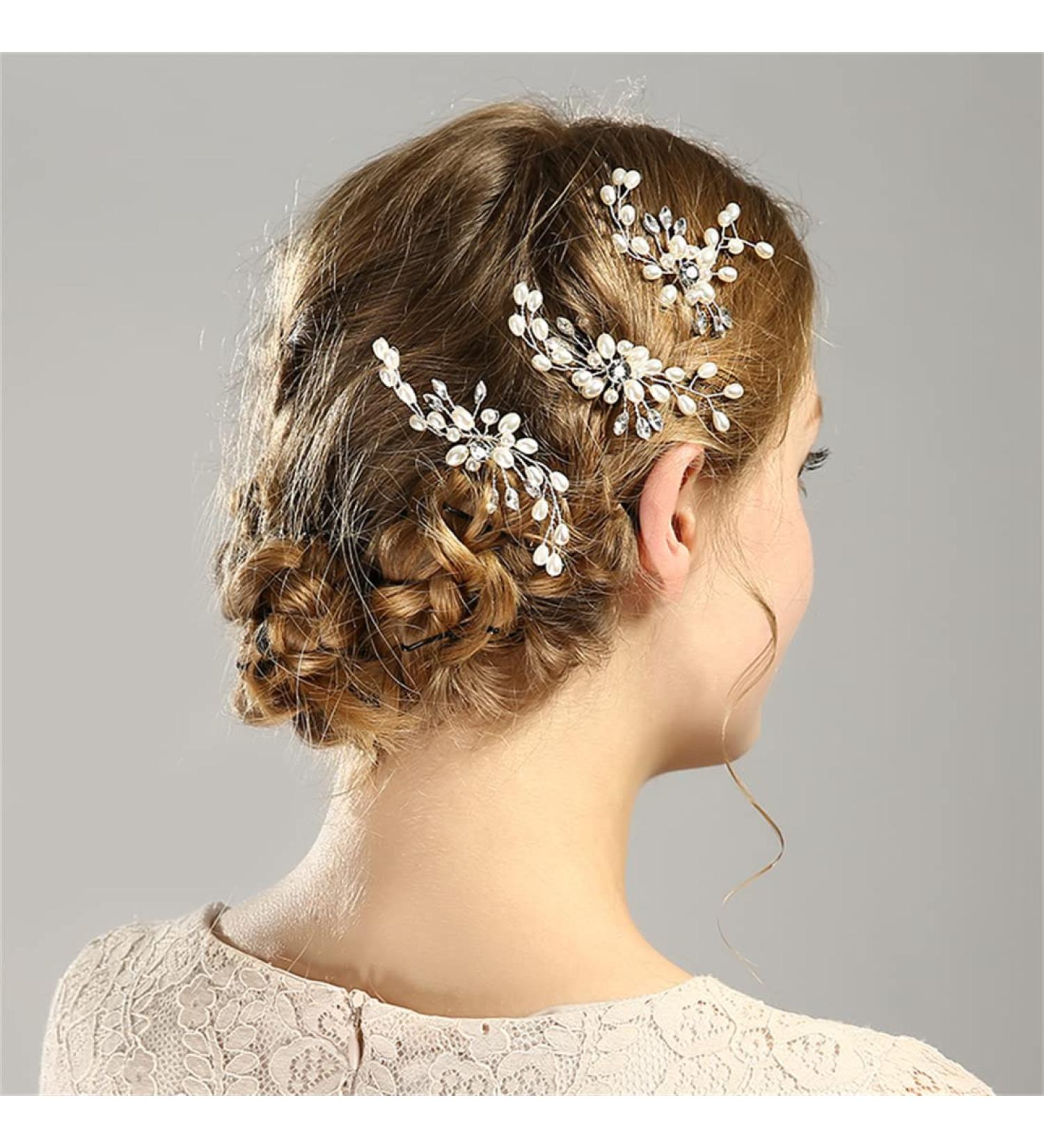 Bridal Pearl Hairpins Set - Wedding Hair Accessories for Women and Girls | Crystal Flower Hair Clips for Bridesmaids - 2 pcs - Buy Online on GoSupps.com