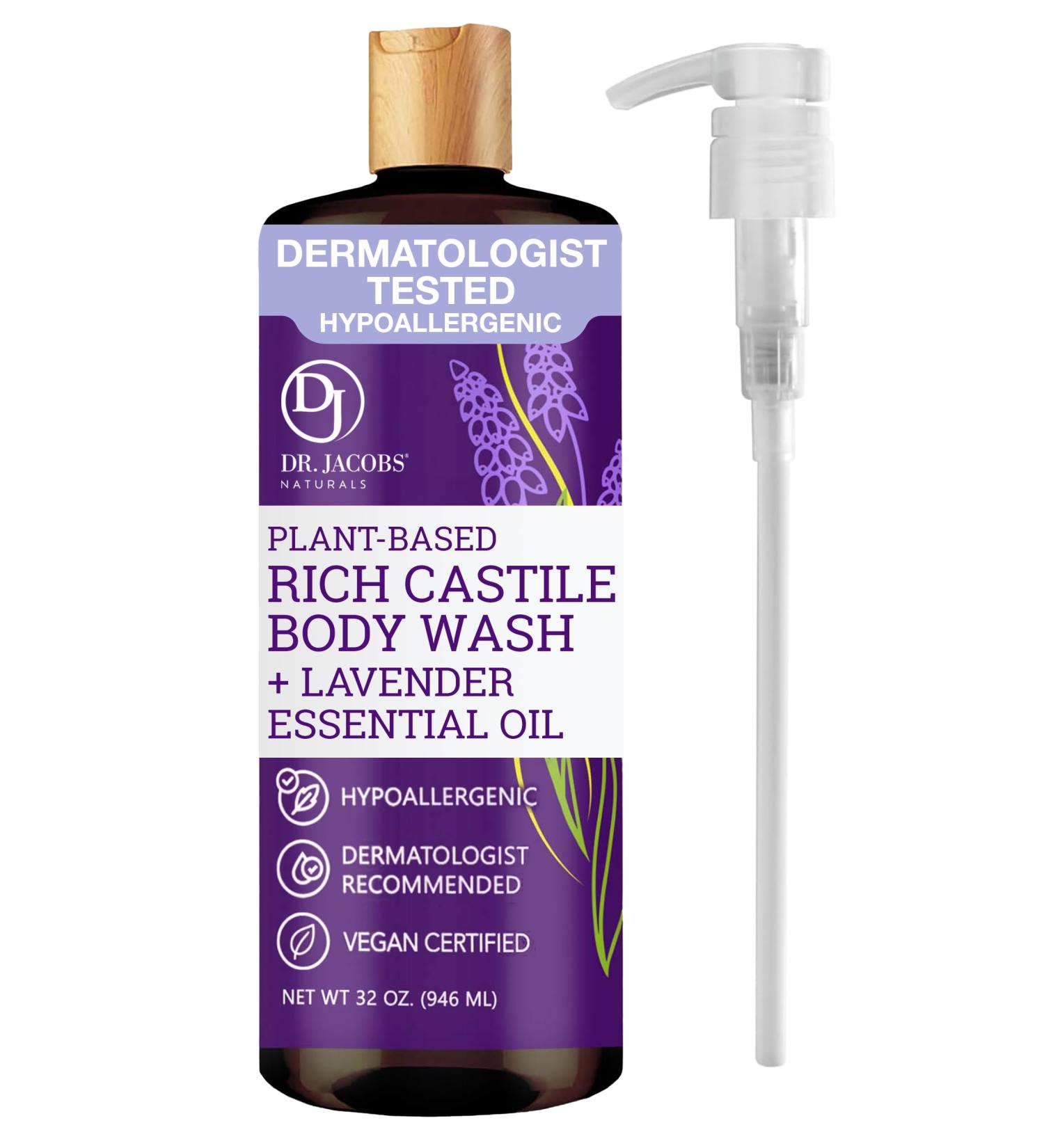 Dr. Jacobs Naturals Castile Lavender All-Natural Body Wash for Moisturizing Dry and Sensitive Skin with Plant-Based Ingredients with Pump - 32 Ounce - Buy Online on GoSupps.com