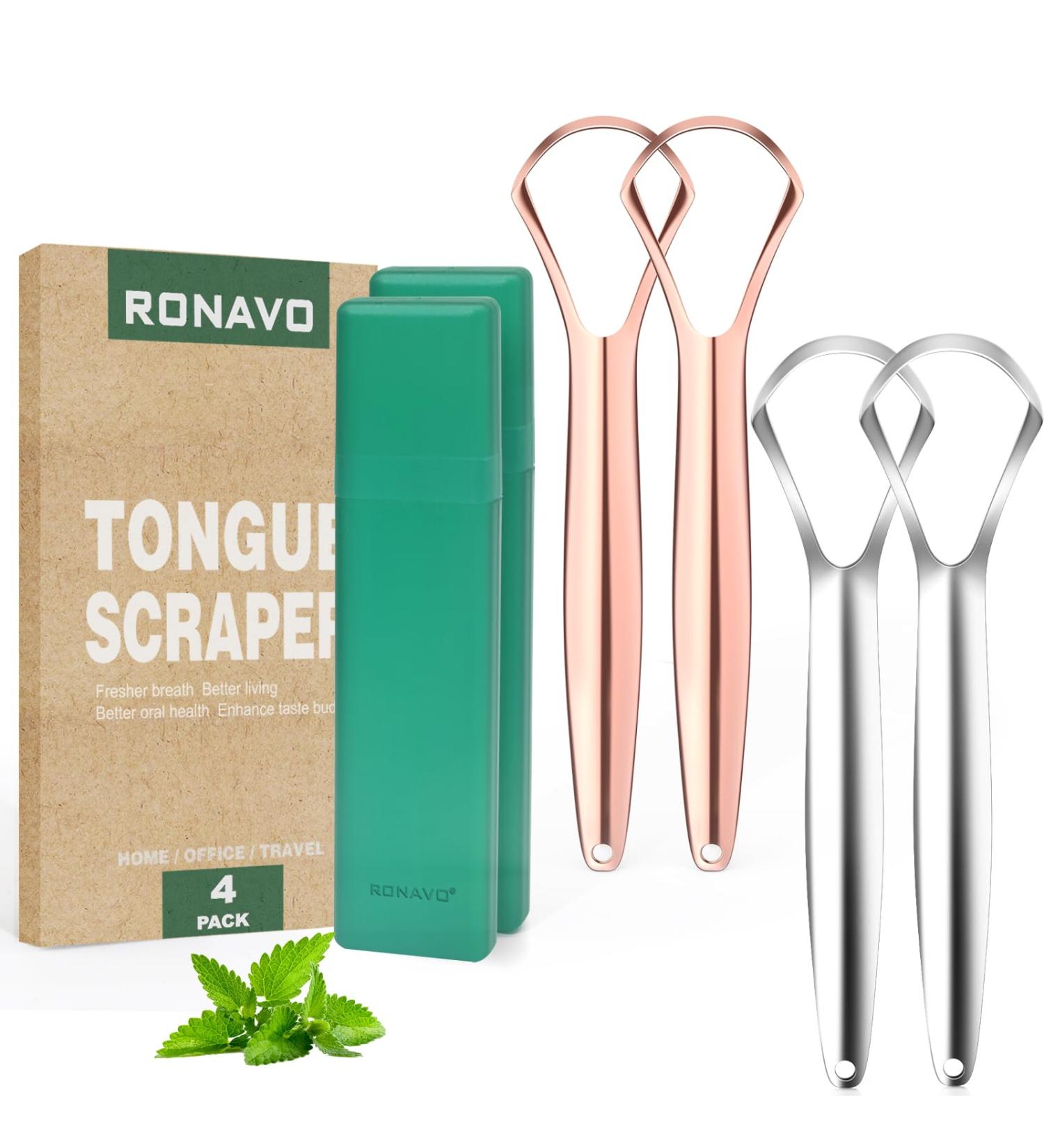 Ronavo Tongue Scraper for Adults 4 Metal Tongue Scrapers Rustproof with Travel Case Reduces Bad Breath Family Package in 2 Colors - Buy Online on GoSupps.com