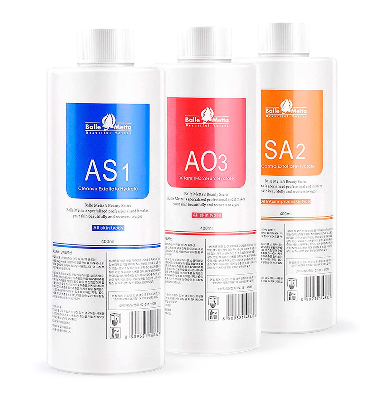 BR UN Hydrogen Oxygen Facial Machine Serums for Facial Cleansing A pack of 400ml 3 Aqua Peeling Solution AS1 SA2 and AO3 Skin Care Hydra Solution for Vacuum face cleaning Jet for Home and Spa