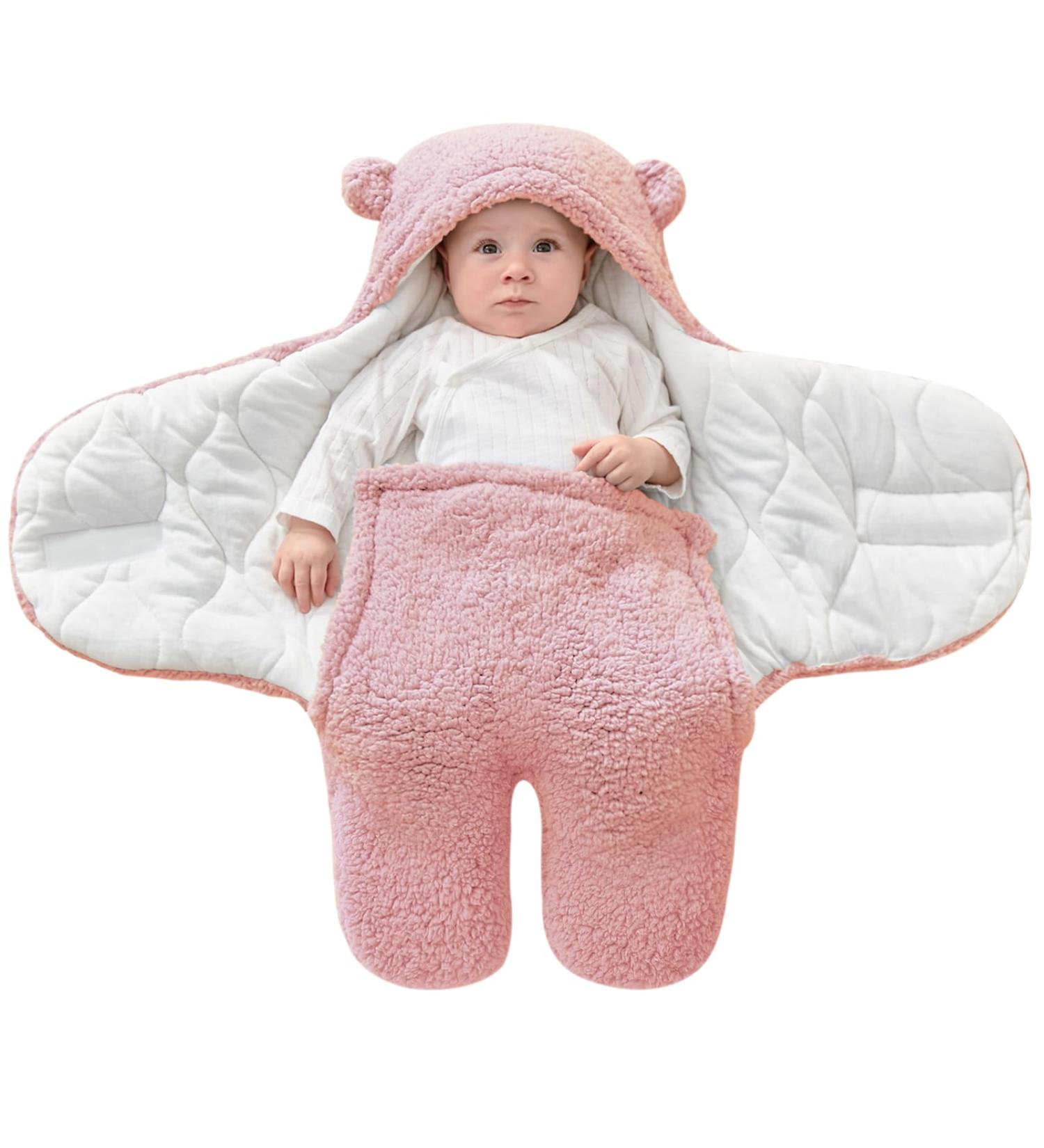 FUNUPUP Baby Hooded Swaddle Blanket - Plush Bear Wrap for Boys and Girls (3-6 Months Pink) - Buy Online on GoSupps.com