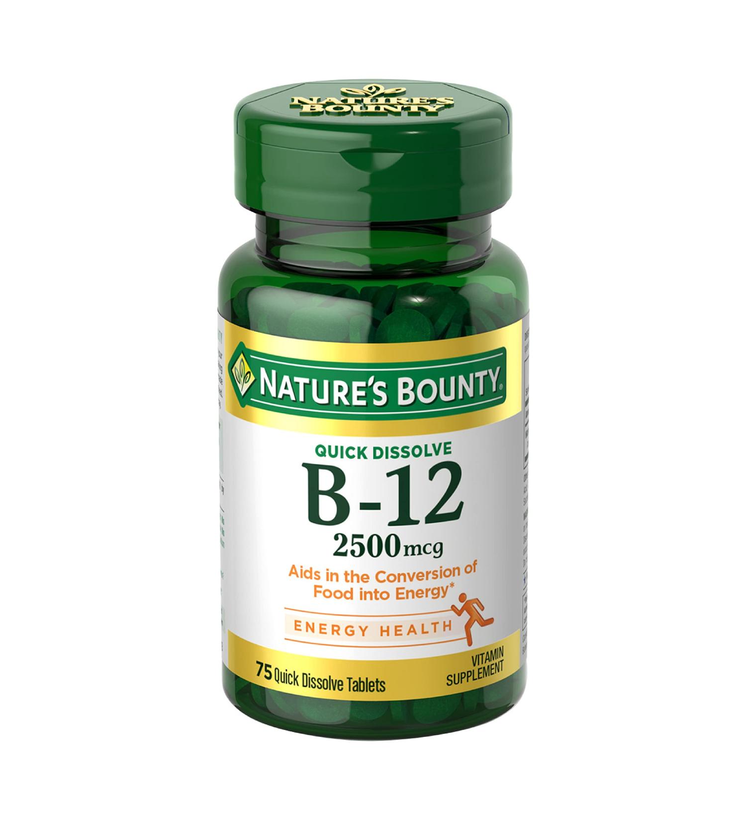 Nature's Bounty Vitamin B12 2500 mcg - Cellular Energy Support for Metabolism - Heart & Nervous System Health - 75 Quick Dissolve Tablets - Buy Online on GoSupps.com