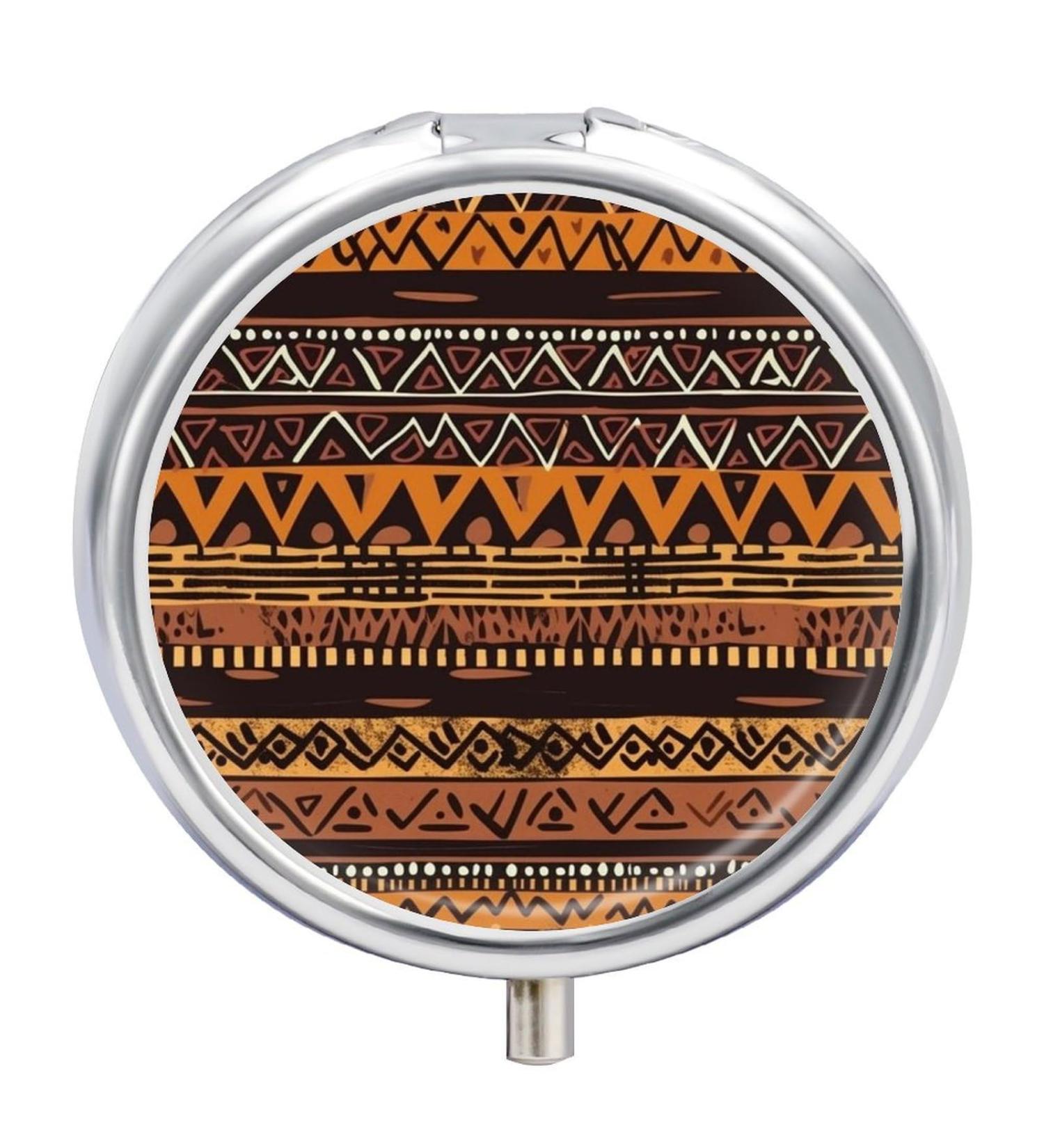 Round Pill Box with African Mud Cloth Design | 3 Compartment Portable Pill Organizer | Decorative Metal Pocket Pill Case - Buy Online on GoSupps.com