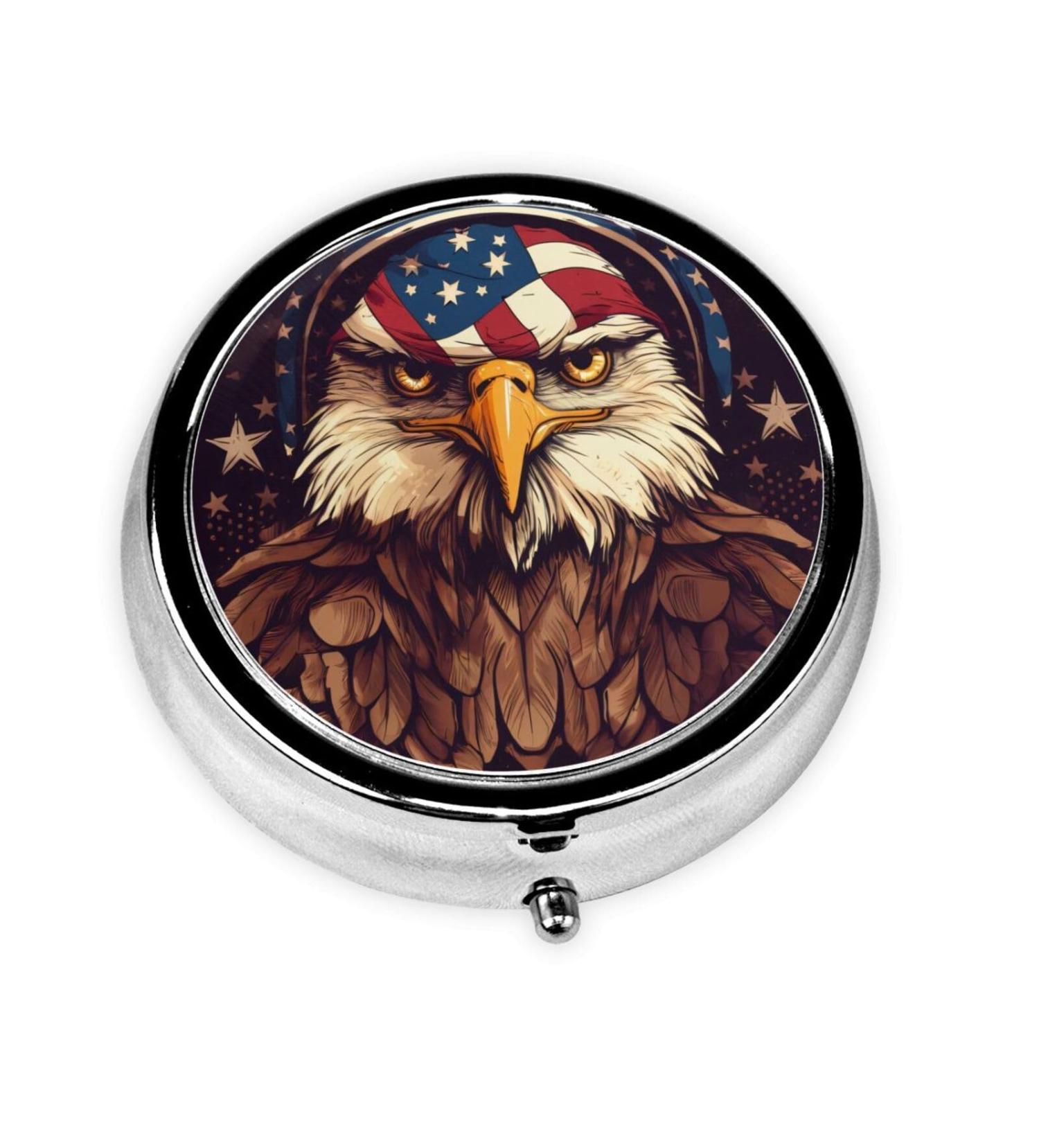 American Flag Eagle Portable Pill Box - Round Mini 3-Compartment Design Perfect for Travel - Buy Online on GoSupps.com