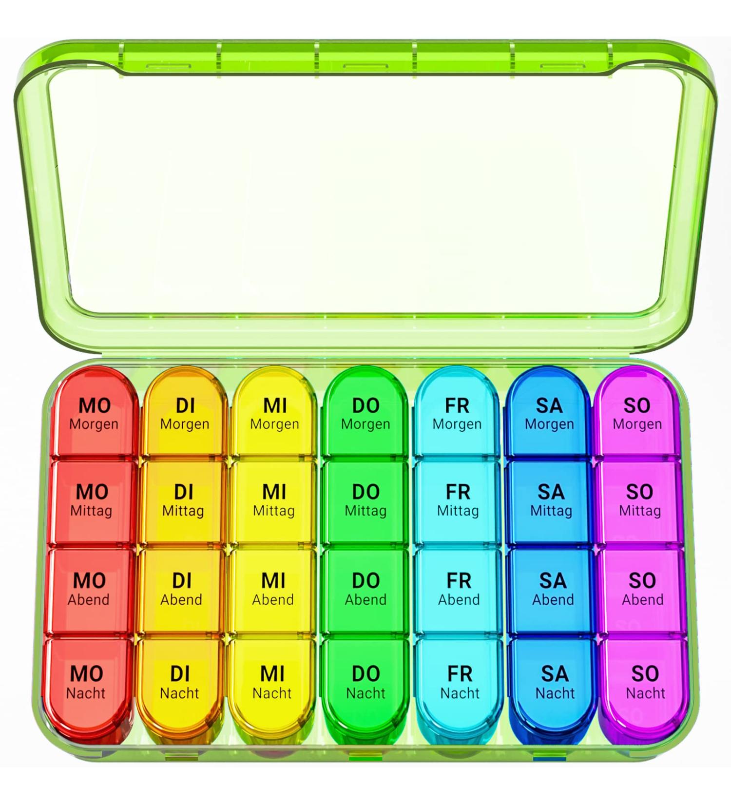 7-Day Pill Organizer with 4 Compartments - Large Portable Medication Box for Tablets | Removable Green Housing | Ideal for Daily Dose Management - Buy Online on GoSupps.com