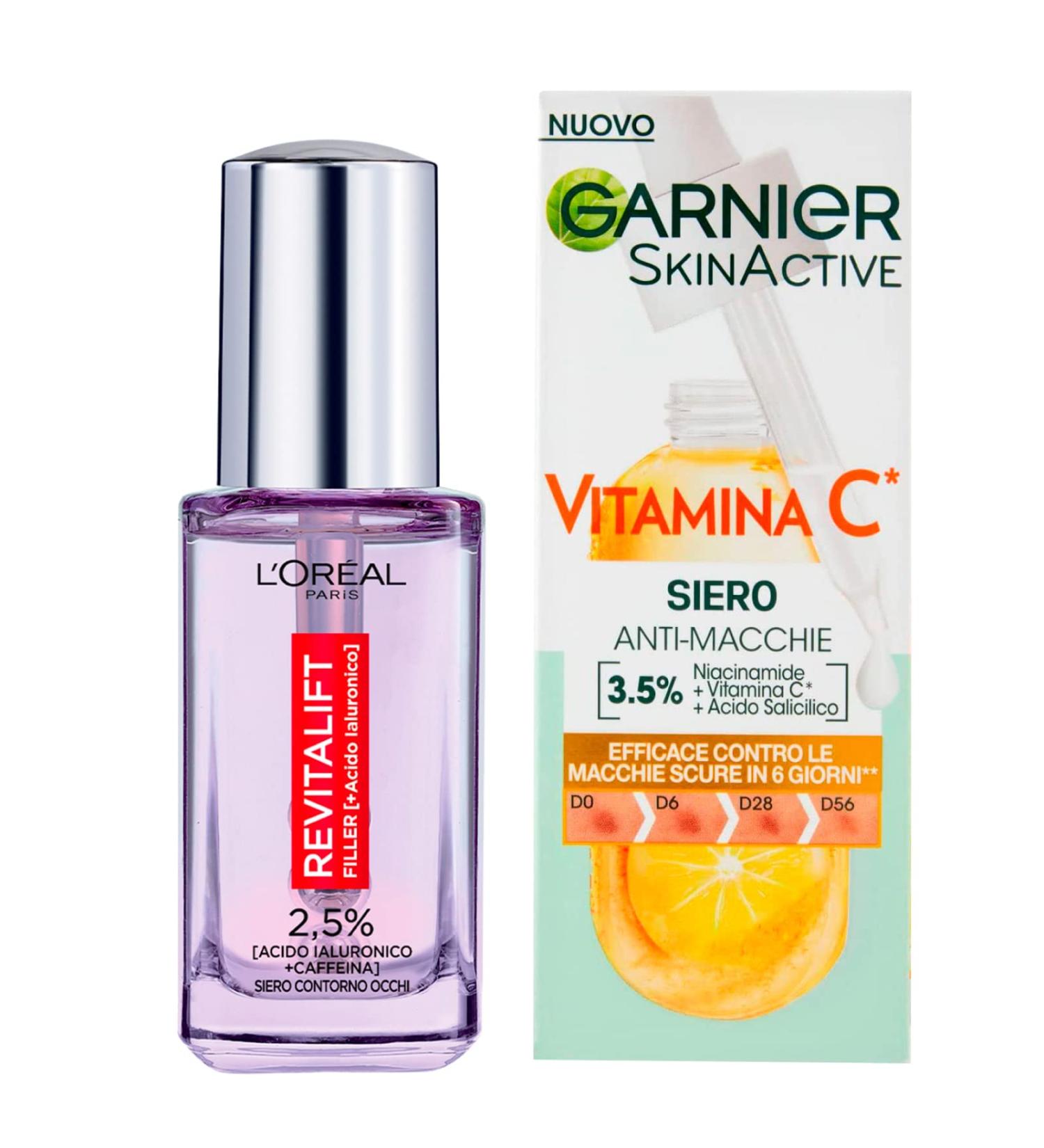 Garnier Skinactive Concentrated Face Serum with Vitamin C Illuminating and Anti Stain 30ml + Revitalift Filler Anti-Wrinkle Eye Contour Serum with Hyaluronic Acid and Caffeine 20ml - Buy Online on GoSupps.com
