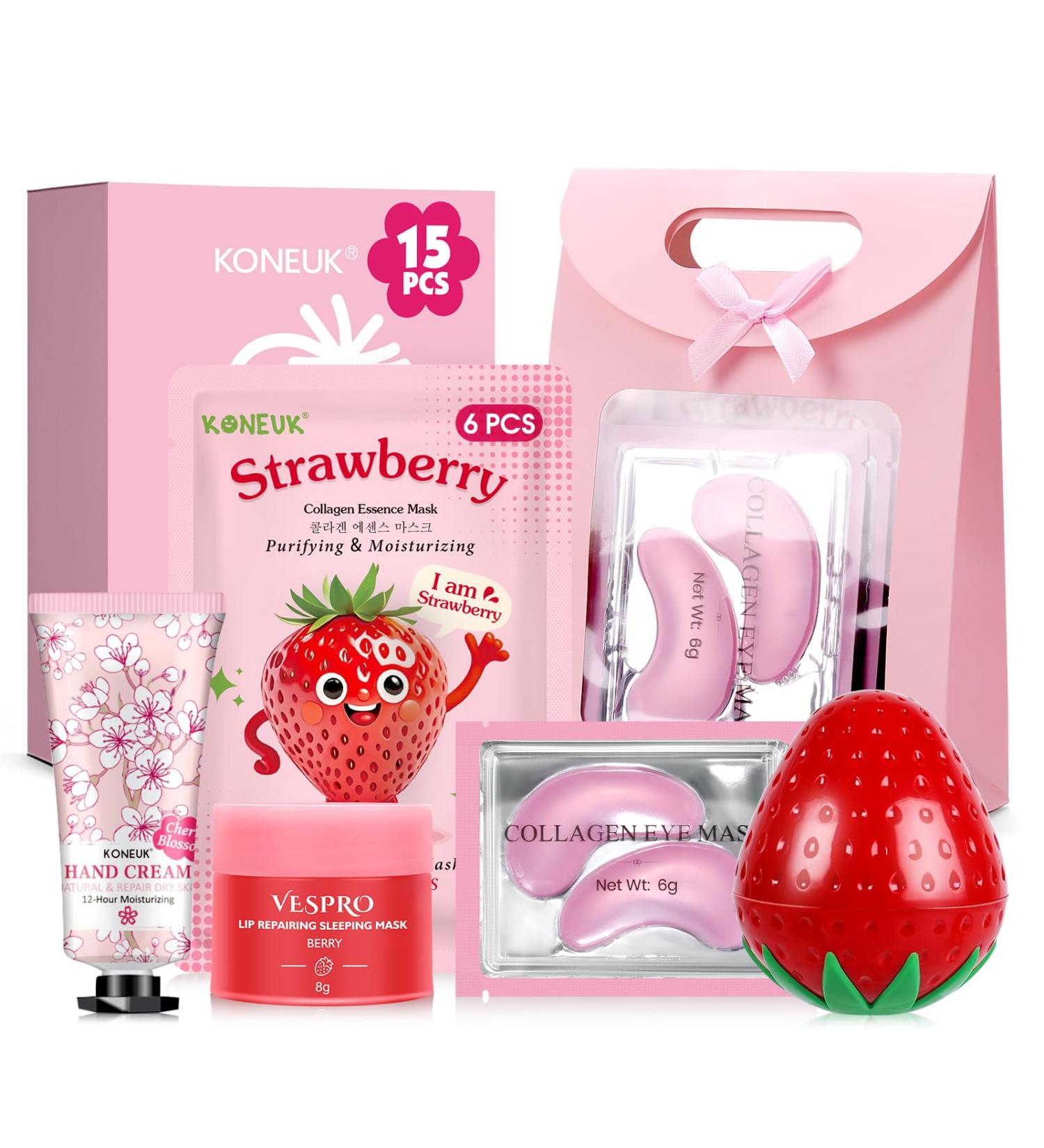 15 PACK Skincare Gift Set for Teen Girls Travel Kit & Stocking Stuffers with Under Eye Patches Facial Masks Hand Cream Lip Mask Body Lotions Christmas Gifts for Kids Women & Mothers Day Strawberry Skin Care Sets - Buy Online on GoSupps.com
