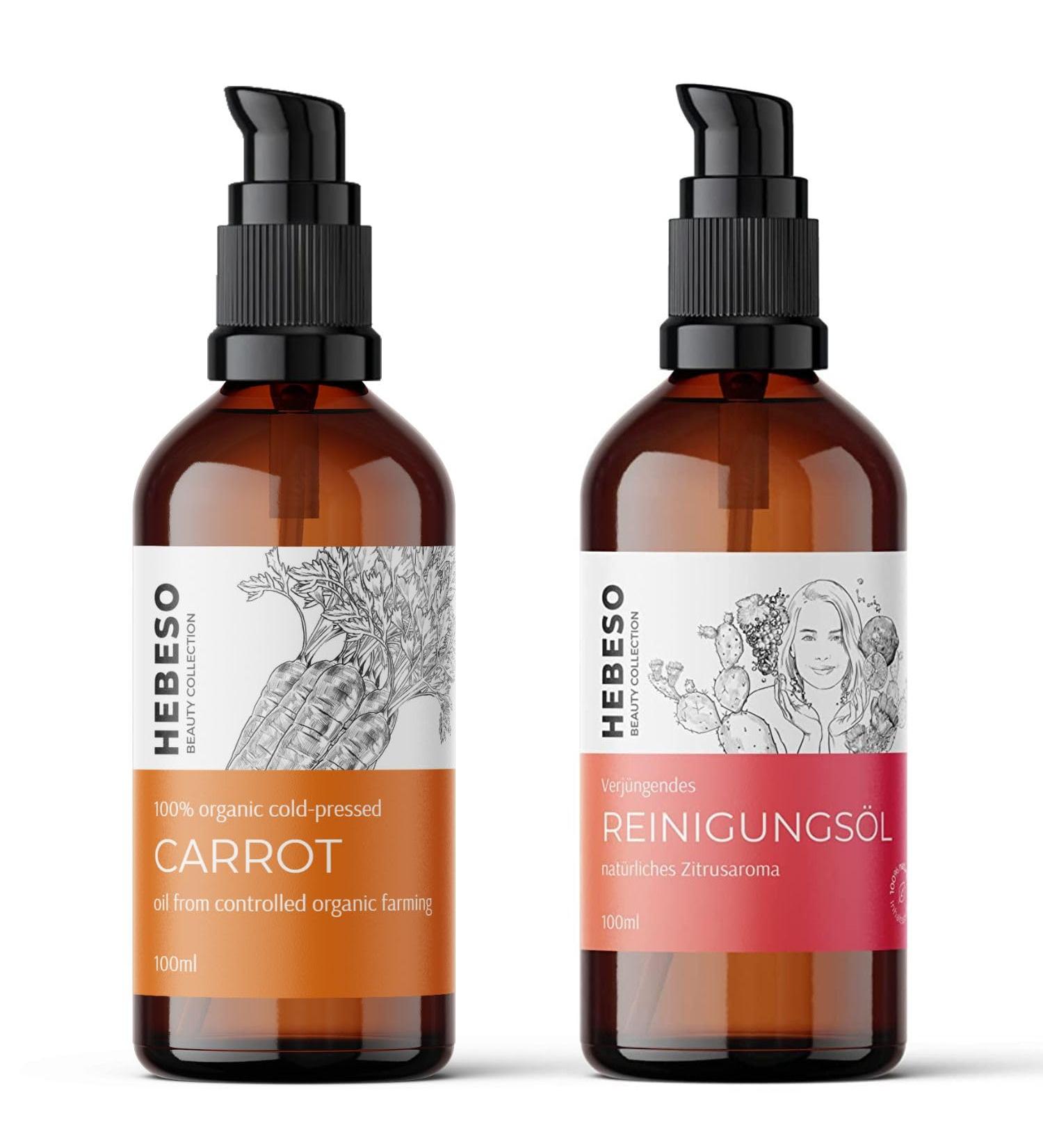 HEBESO Organic Carrot Oil & Rejuvenating Cleansing Oil Set - 100ml x 2 | For a visible natural tan & gentle and effective cleansing | With Vitamin E 5 nourishing oils and