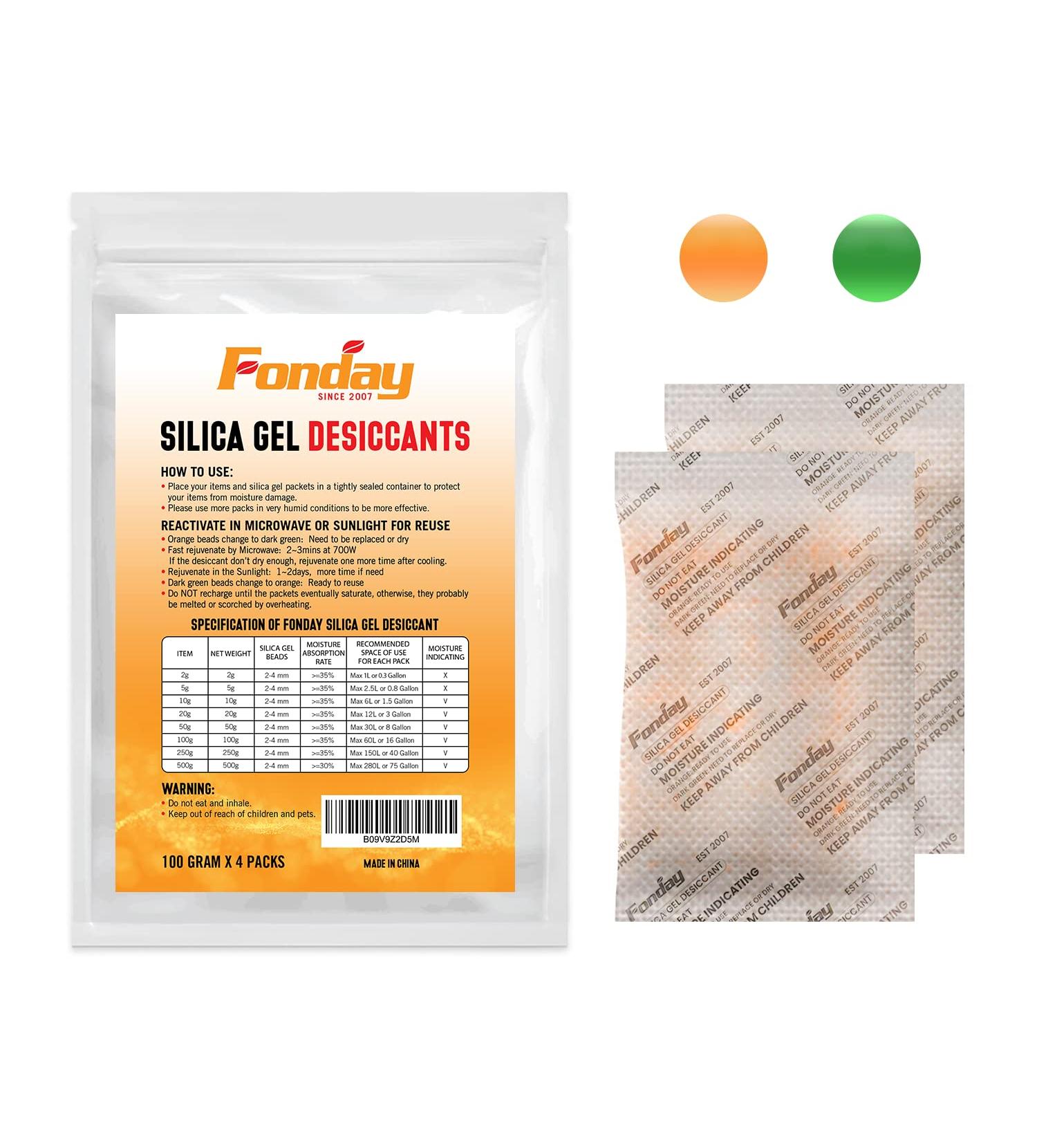 Buy 100g Fonday Food Grade Collared Silica Gel Packets - Moisture Indicating Orange to Green - 4 Packets for Fast Reactivity - Ideal for International Shipping - Buy Online on GoSupps.com