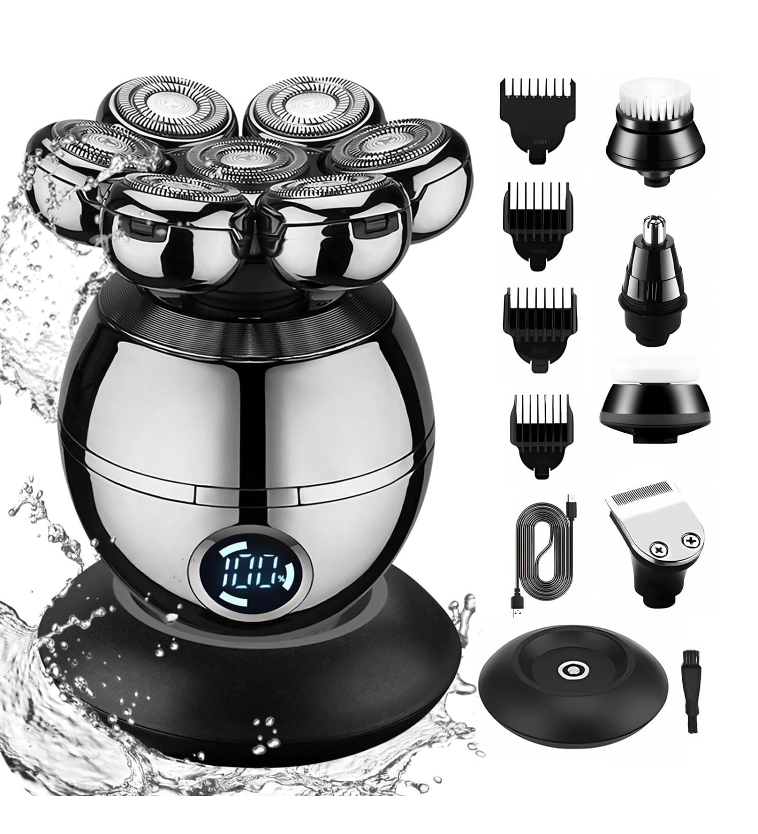 Hyadry 5-in-1 Electric Head Shaver for Men - IPX6 Waterproof Bald Razor with 7 Rotating Heads Beard & Nose Hair Trimmer LED Display - Buy Online on GoSupps.com