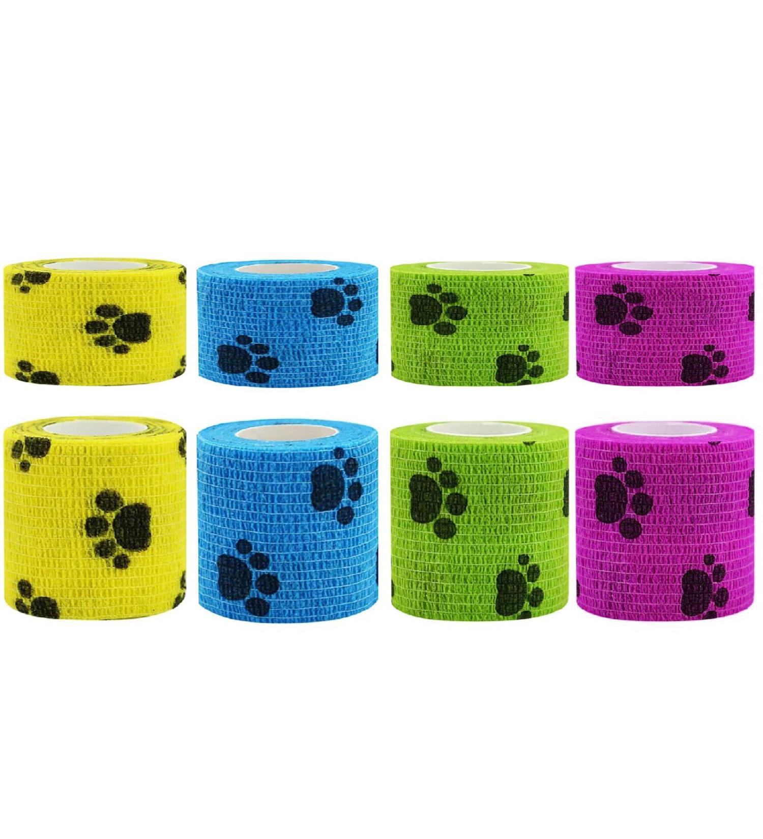 Dog Vet Wrap: 8 Rolls Self Adhesive Bandages for Paws - Breathable & Stretchable Fabric for Sprains & Swelling in 4 Colors with Paw Pattern - Buy Online on GoSupps.com