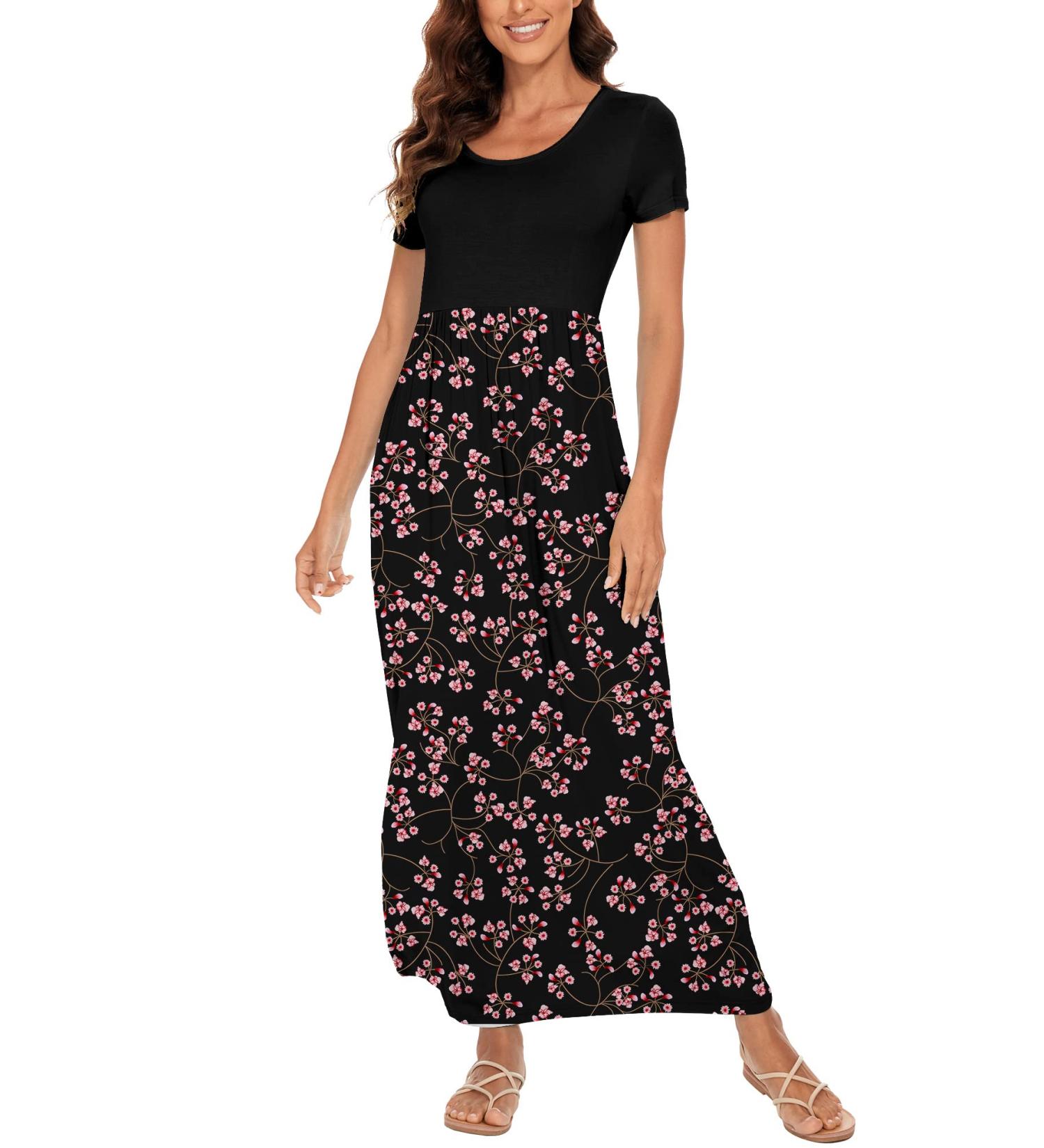 YUNDAI Women's Summer Maternity Maxi Dress with Pocket - Short Sleeve Floral Loose Long Dress Plus Size - Black (L) - Buy Online on GoSupps.com