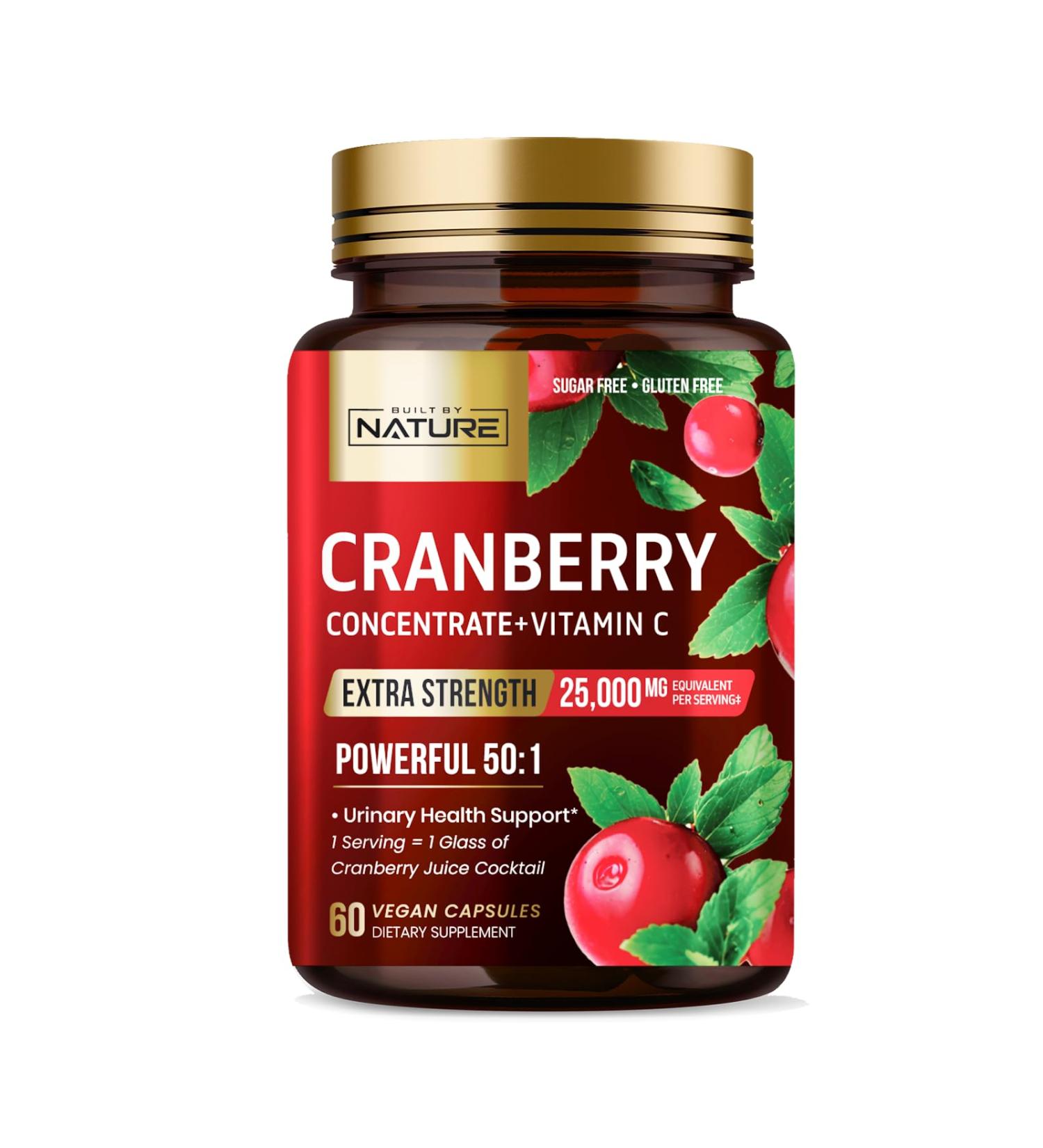 Built by Nature Cranberry Pills 25 000mg - Extra Strength 50:1 Concentrate Extract with Vitamin C - Urinary Tract Health Supplement for Women - Non-GMO Sugar Free Vegan - 60 Capsules - Buy Online on GoSupps.com