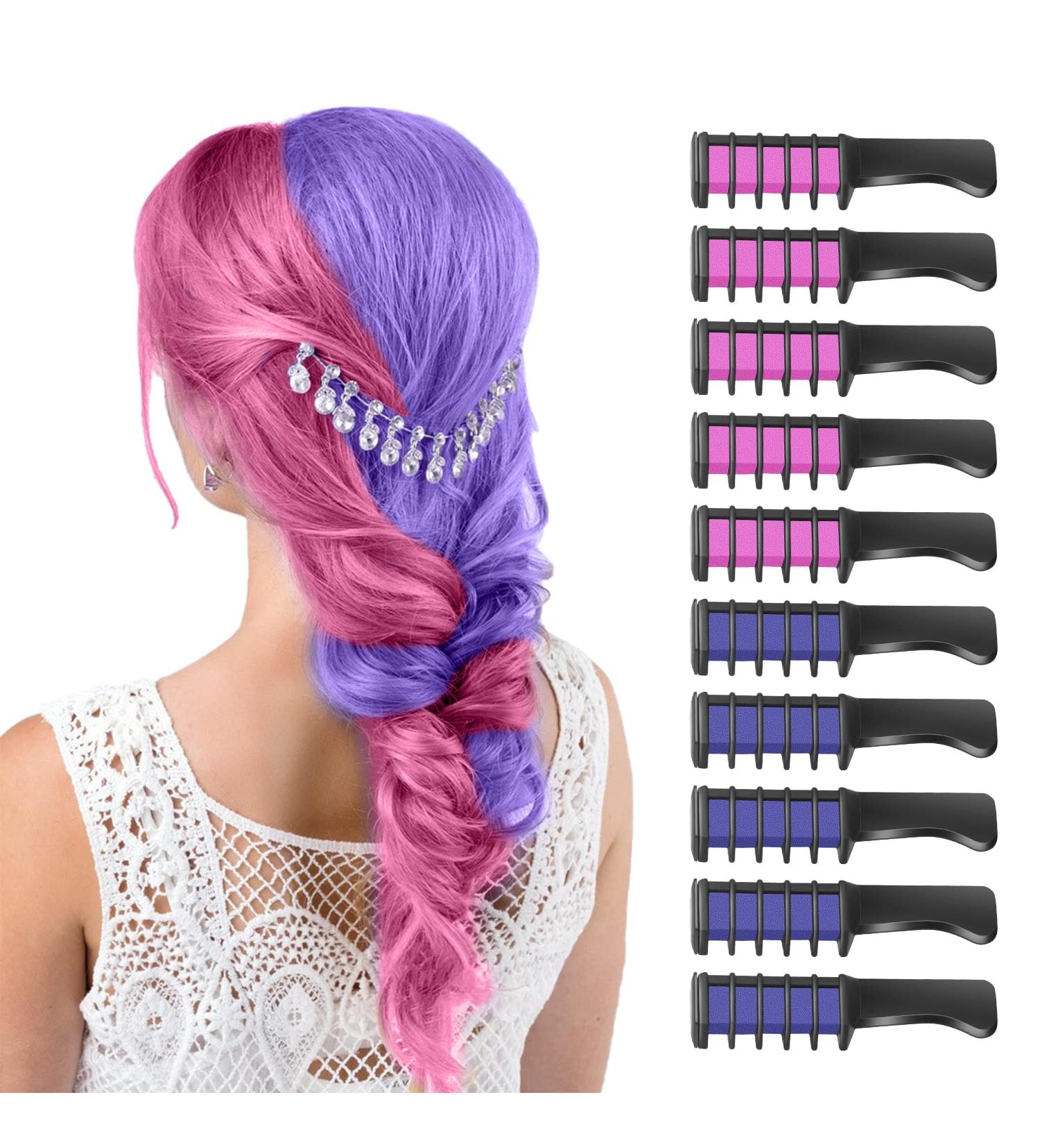 MSDADA Hair Chalk Comb for Kids - Washable Temporary Hair Color Dye - Girls Gifts for Christmas & Halloween - 5 Pink + 5 Purple - Buy Online on GoSupps.com