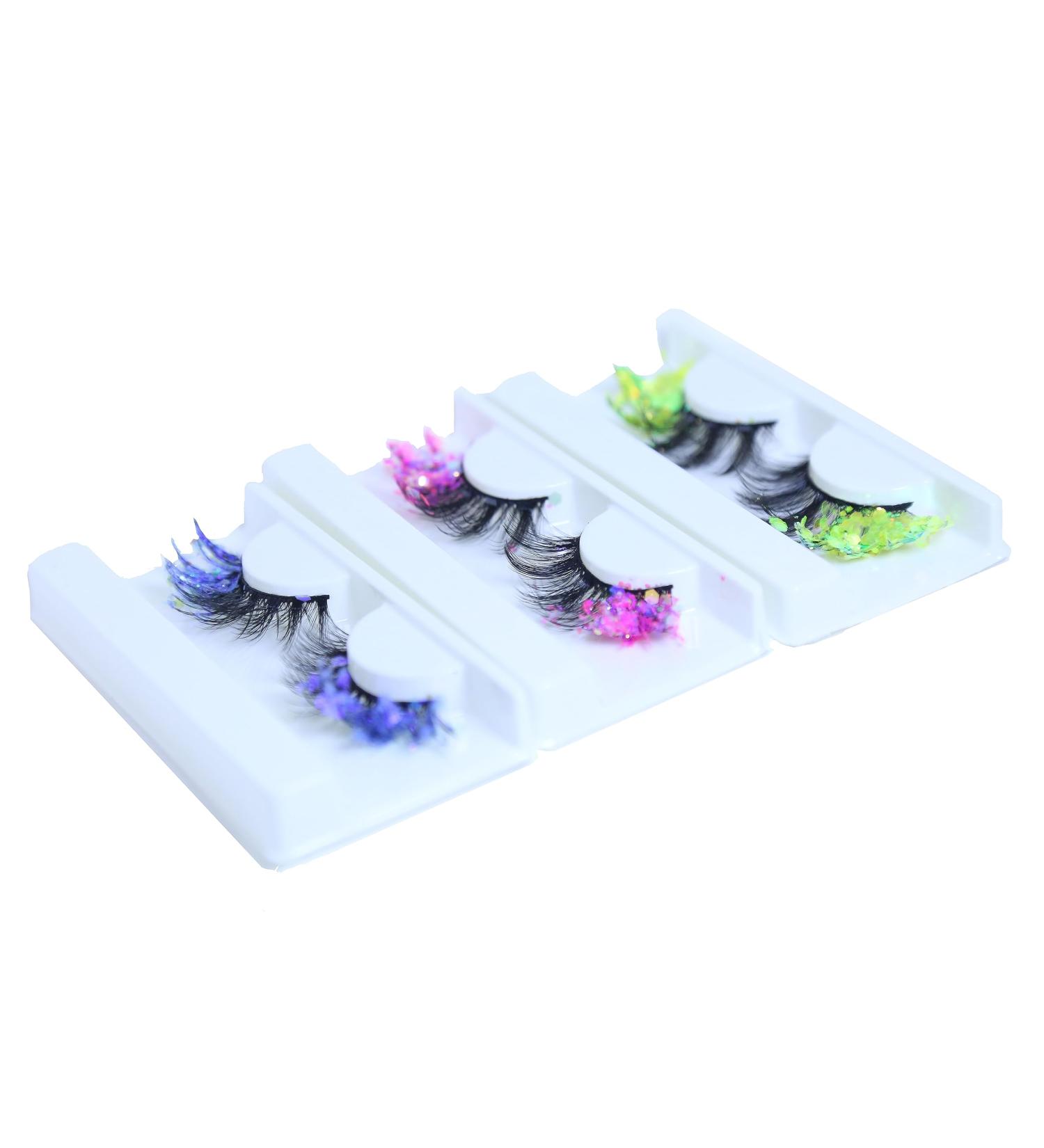 Colorful Fluorescent Glitter 3D False Eyelashes - 3 Pairs | Stage & Holiday Party Makeup - Buy Online on GoSupps.com
