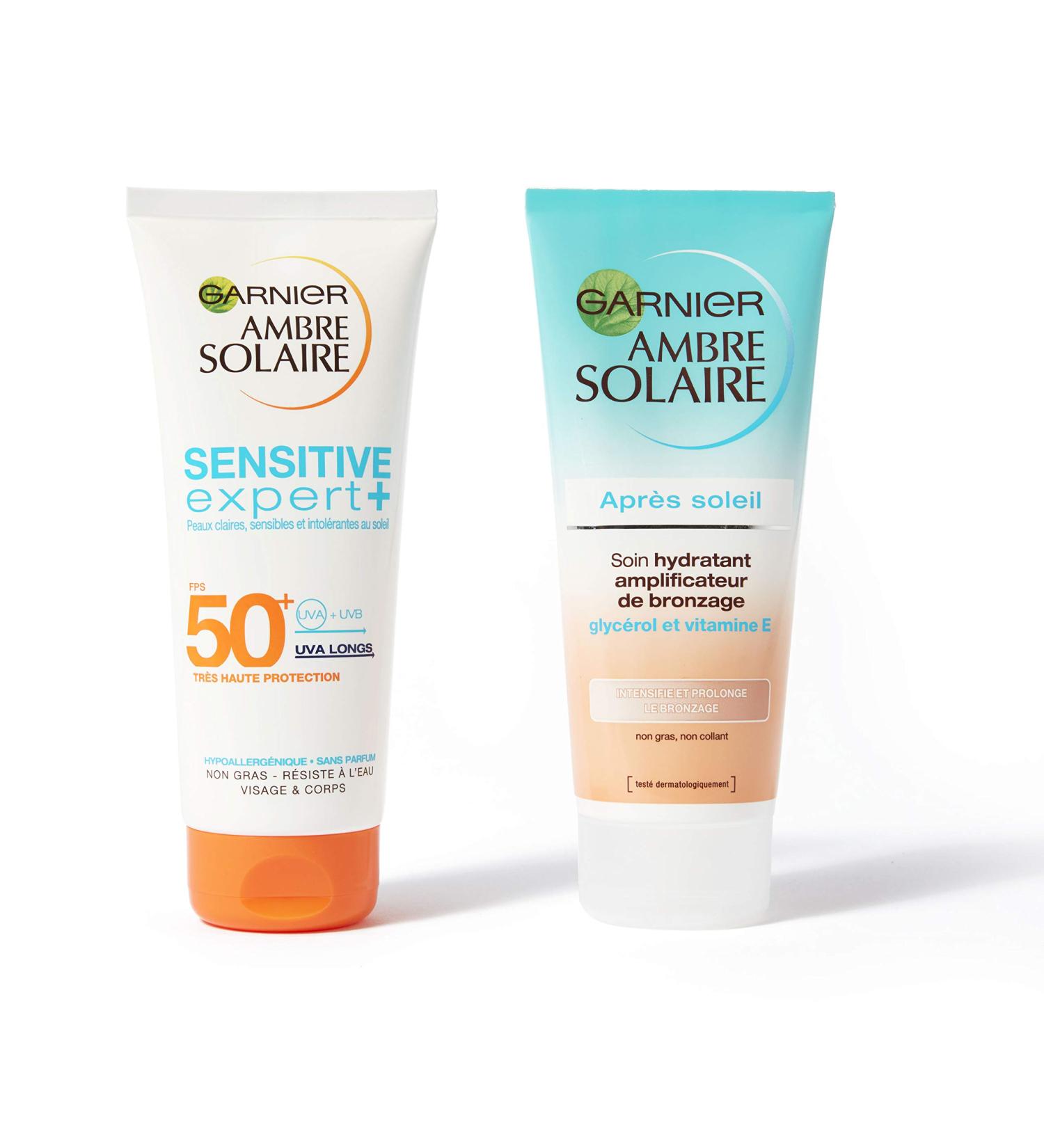 Garnier Ambre Solaire Complete Sun Protection Set - Protective Milk SPF 50+ + Hydrating Aftersun Tanning Enhancer Treatment - Face & Body - Light & Sensitive Skin - 200 ml - Buy Online on GoSupps.com