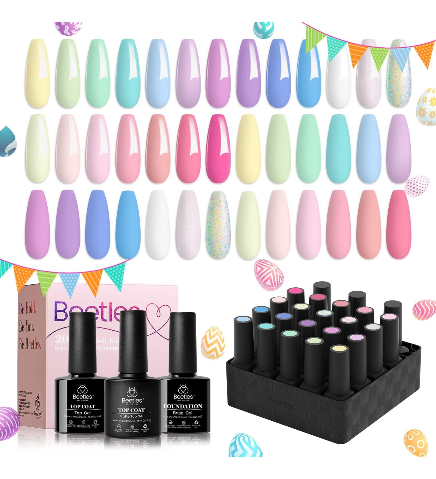 Beetles Gel Nail Polish Kit - 20 Colors with Base Gel, Glossy & Matte Top Coat | Spring/Summer Pastel Girly Colors Set | Macaroon Bright, Solid Sparkle Glitters | for Women and Girls - Buy Online on GoSupps.com