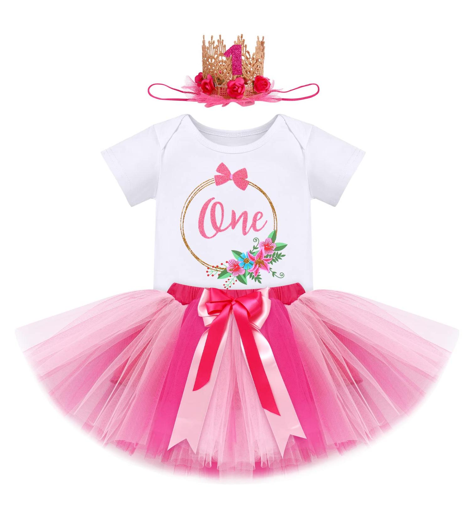 FYMNSI Baby Girl 1st Birthday Outfit | Flower Printed Romper & Tutu Skirt Set | Hot Pink | 1 Year - Buy Online on GoSupps.com
