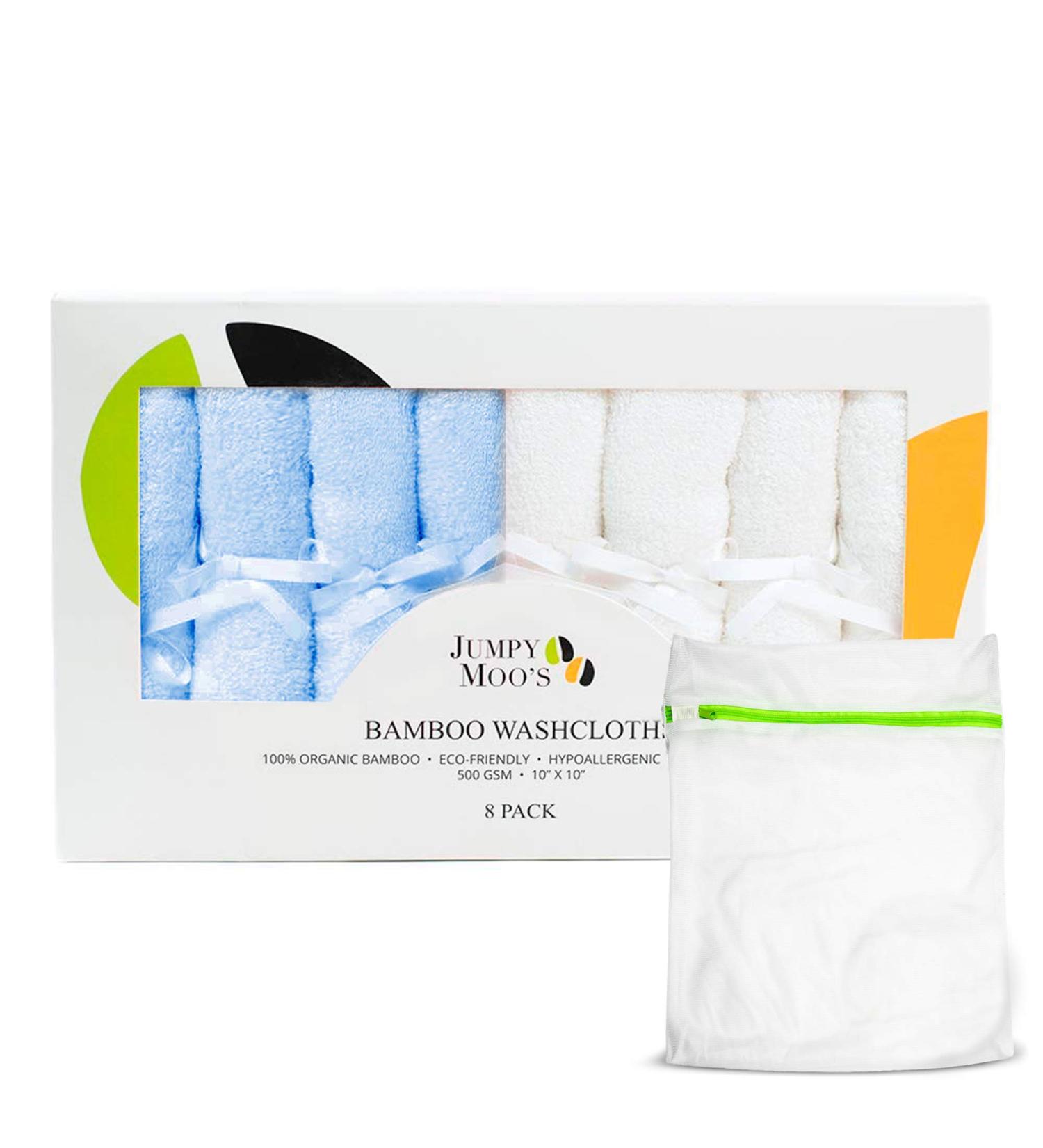 JM Bamboo Baby Washcloths - 8 Pack Soft Cloths for Sensitive Skin | 25x25 cm | Children's Set with Laundry Bag - Blue & White - Buy Online on GoSupps.com