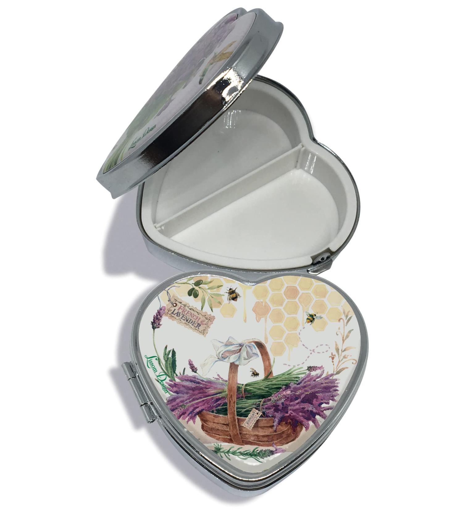 Lissom Design Pill Boxes - Small Pillbox for Purse or Pocket Travel Organizer for Medicine or Jewelry 2-Compartment Lavender Bee Farm - Heart Shaped