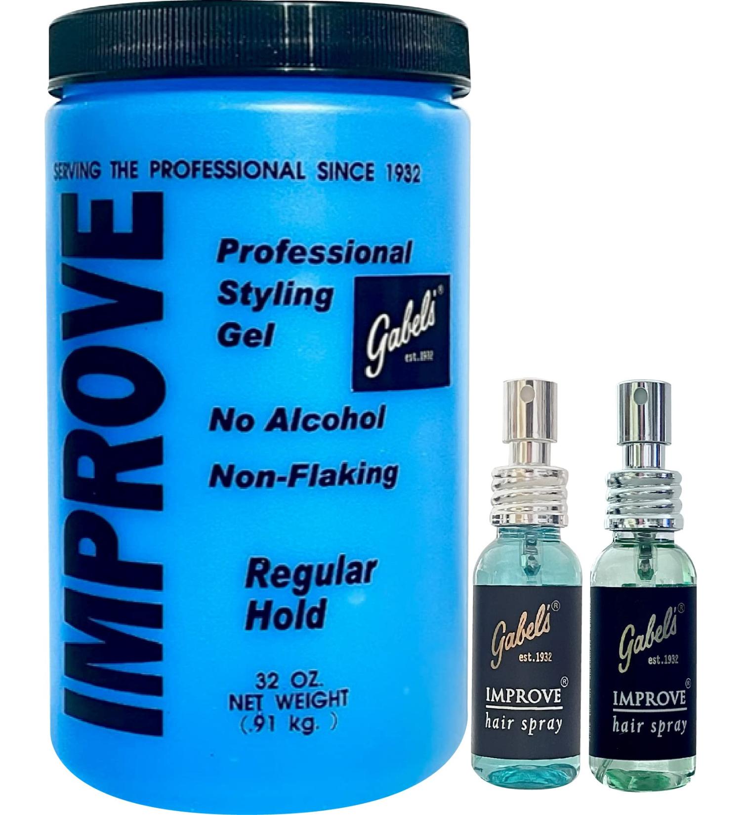 Improve Gabel's Styling Gel Blue Regular Hold (32oz / 2 lb) no pump and Hair Spray (1oz) each Blue and Green. Authentic Gabel's Manufacturer Direct