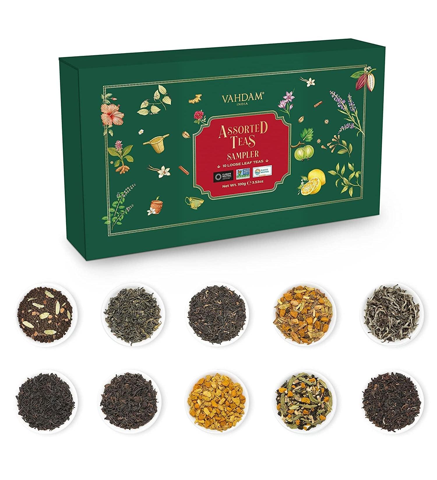 VAHDAM Assorted Loose Leaf Tea Sampler Gift Set - 10 Teas, 50+ Cups | New Year 2024 Ideas | Green Tea, Chai & More | Gifts For Women & Men - Buy Online on GoSupps.com
