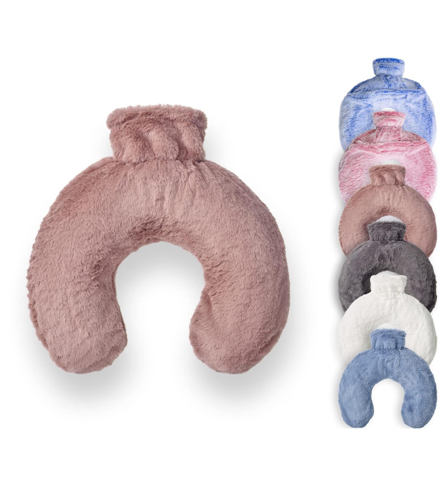 Plush Faux Fur Luxury Hot Water Bottle - Soft Neck U Shape Design, 1.8L Capacity (Dusty Pink) - Buy Online on GoSupps.com