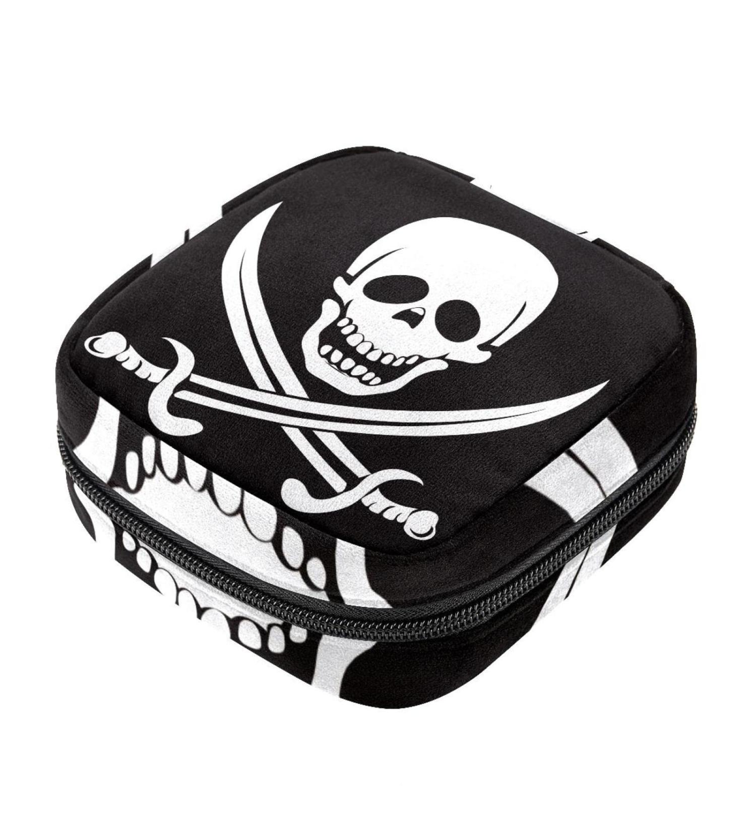 Pirate Flag Black & White Women's Napkin Storage Bag | Portable Menstrual Pad & Cup Pouch for Teens & Women - Buy Online on GoSupps.com