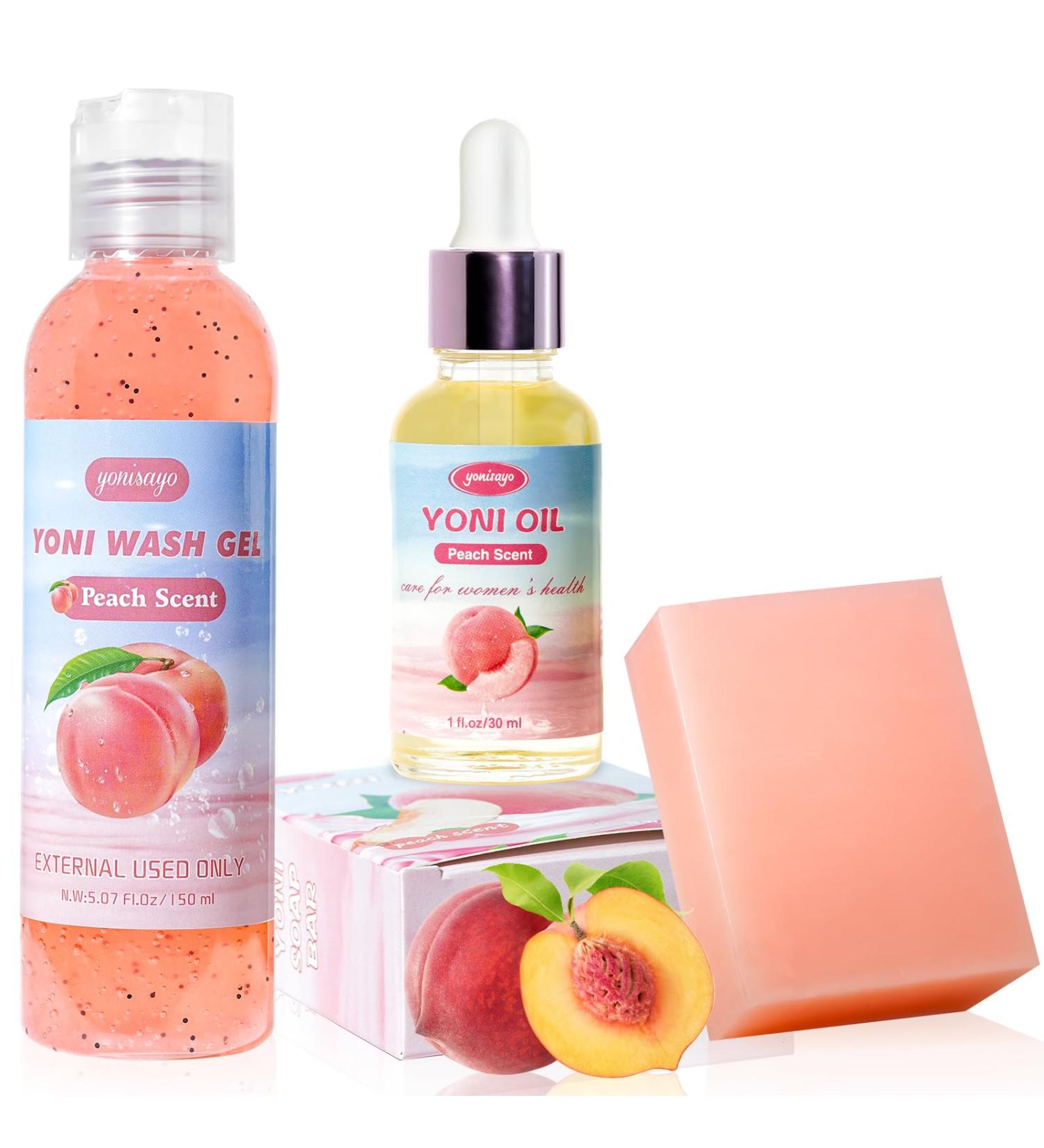 3 PCS Feminine Wash Set - Yoni Oil & Yoni Bar Soap | Natural pH Balance Intimate Deodorant | Moisturizing Body Wash Peach Scent - Buy Online on GoSupps.com