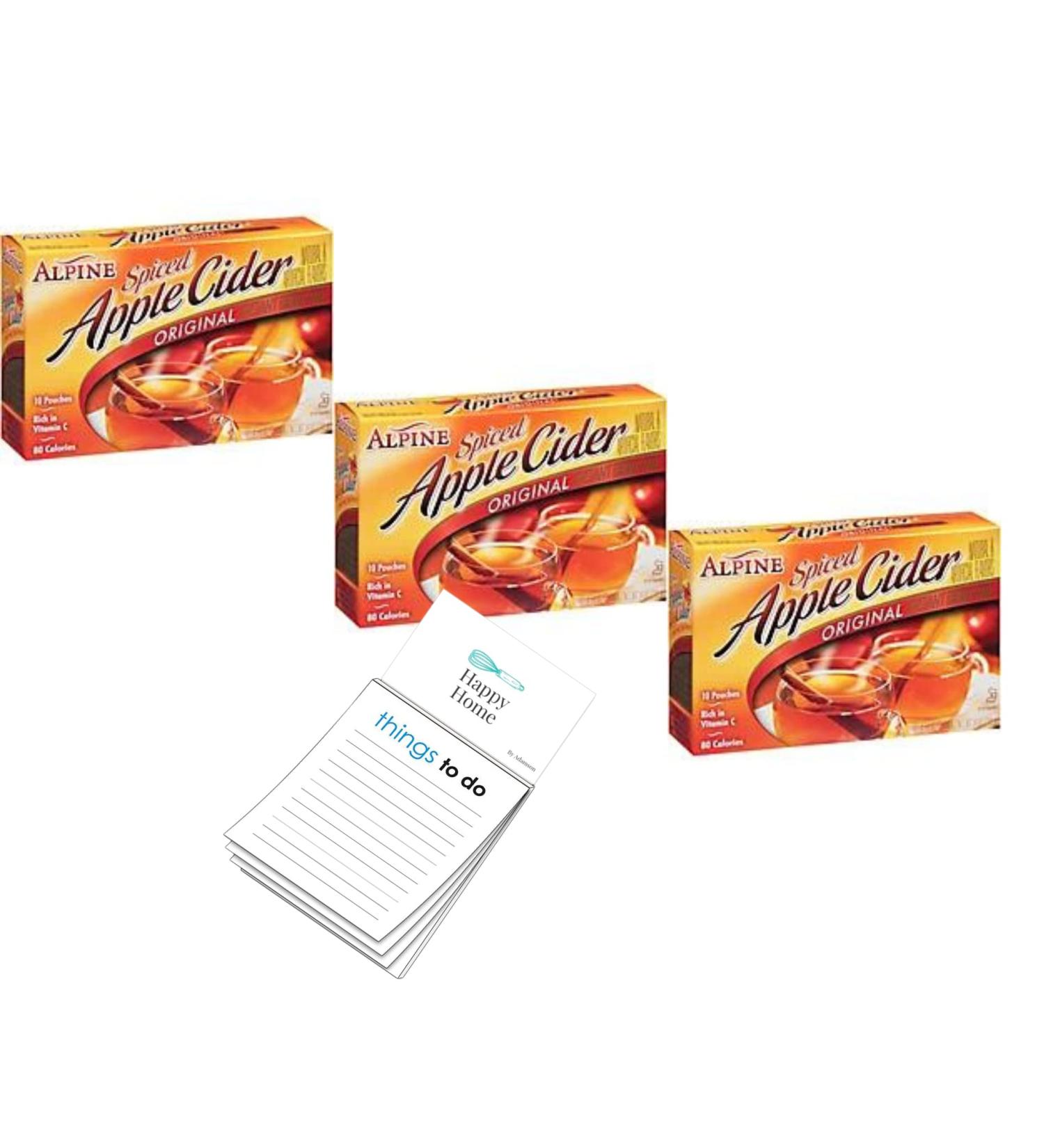 Alpine Spiced Cider Apple Flavor Original Drink Mix 3 PACK 30 pouches with Happy Home Magnetic Notepad