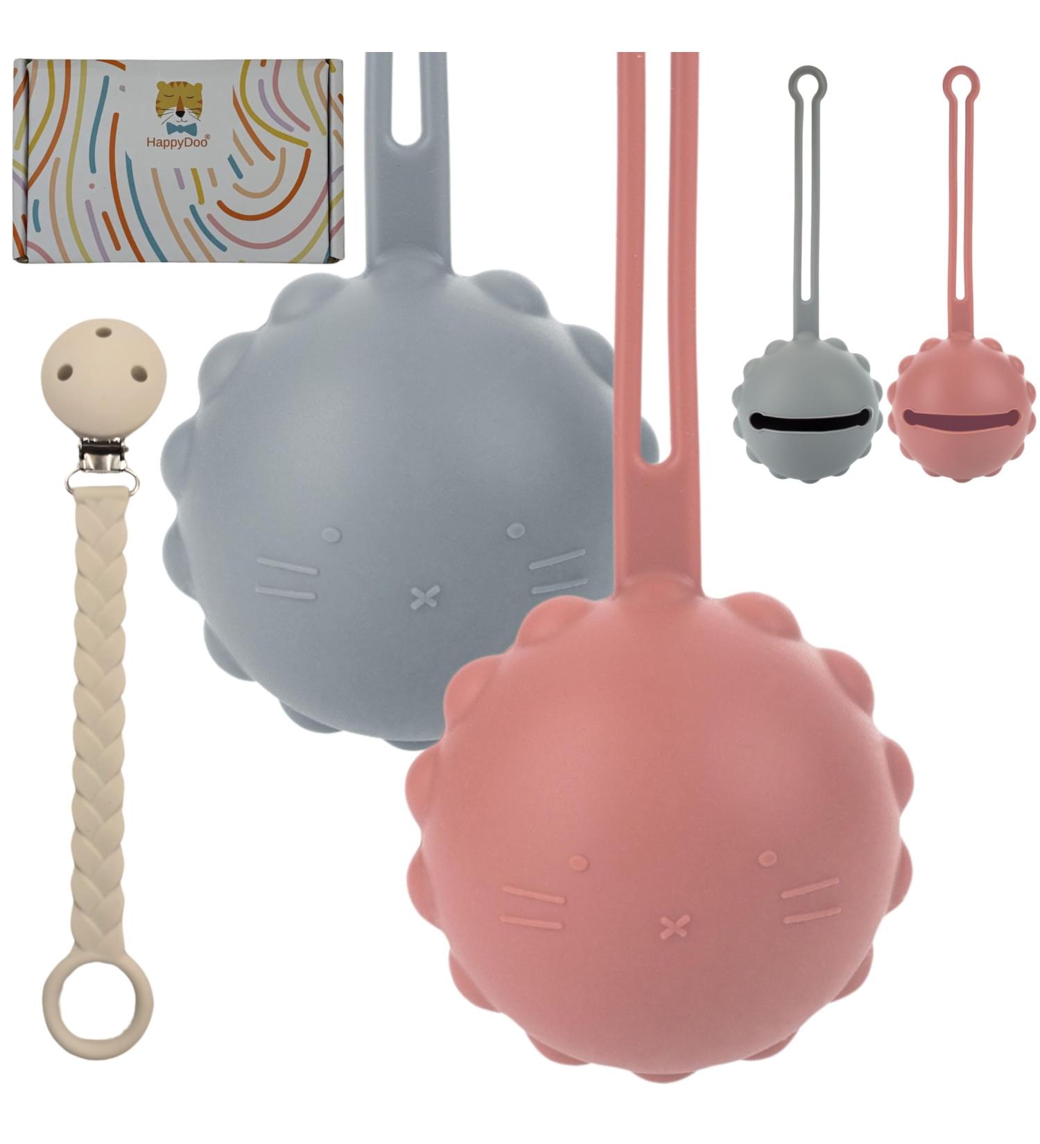 Happydoo Pacifier Box & Chain Set | 2 BPA-Free Pacifier Storage Boxes + Gift Cardboard | Pink & Gray | Easy to Clean & Travel-Friendly - Buy Online on GoSupps.com