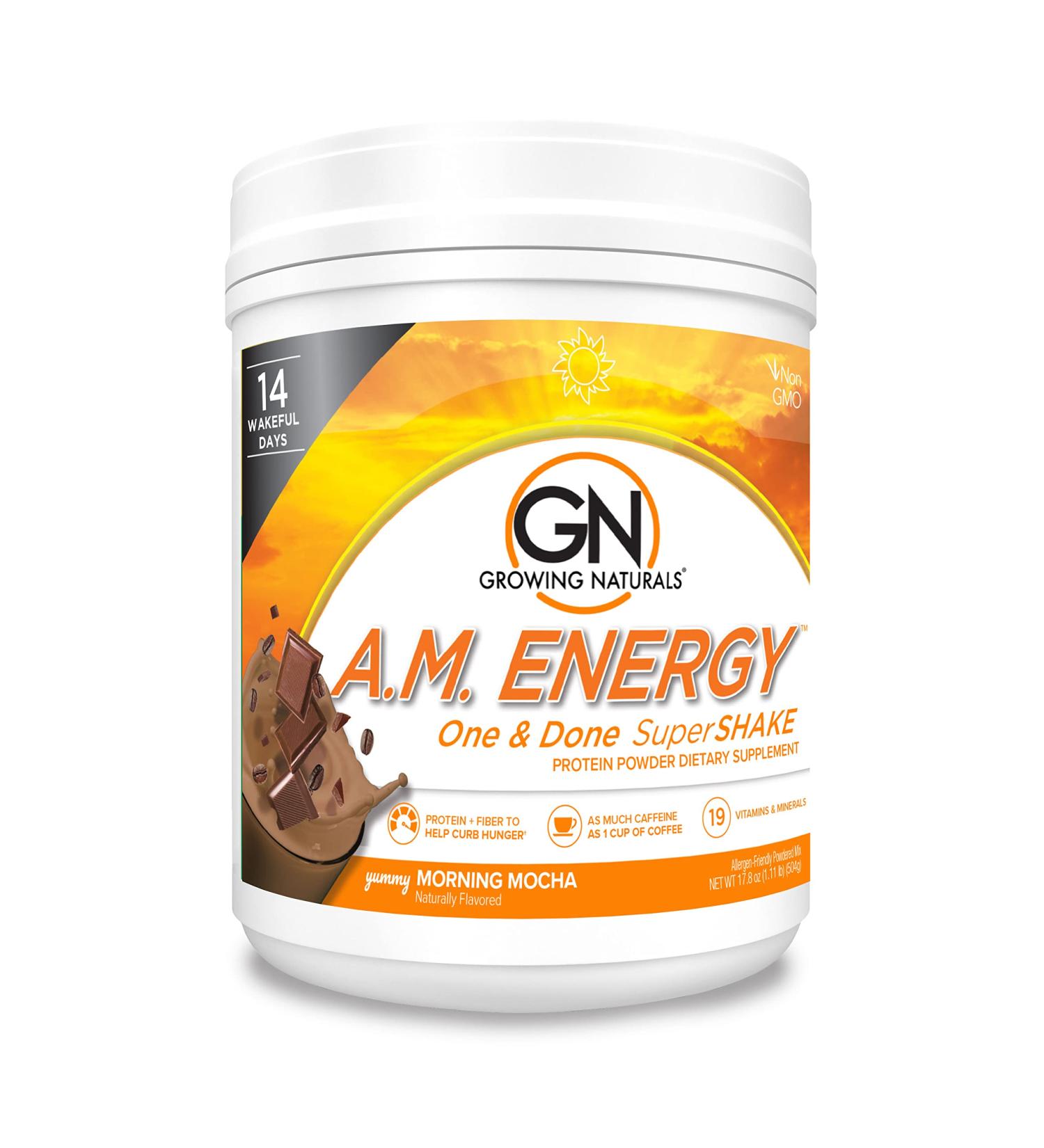 Growing Naturals All Natural Plant Based Protein One & Done Super Shake 18g Protein with Non-GMO High Fiber and Gluten Free A.M. Energy 1 Pound (Pack of 1) A.M. Morning Mocha 1.11 Pound (Pack of 1) - Buy Online on GoSupps.com