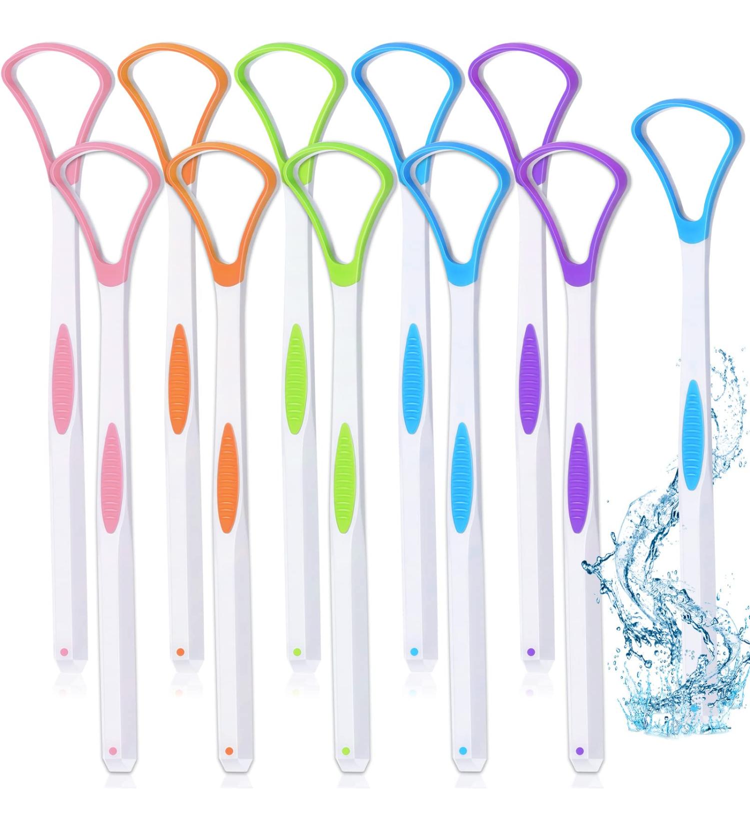 10-Piece Tongue Cleaner Set for Adults and Kids | Plastic Tongue Scraper Brush | Oral Care Tools in Pink, Blue, Green, Purple, and Orange - Buy Online on GoSupps.com