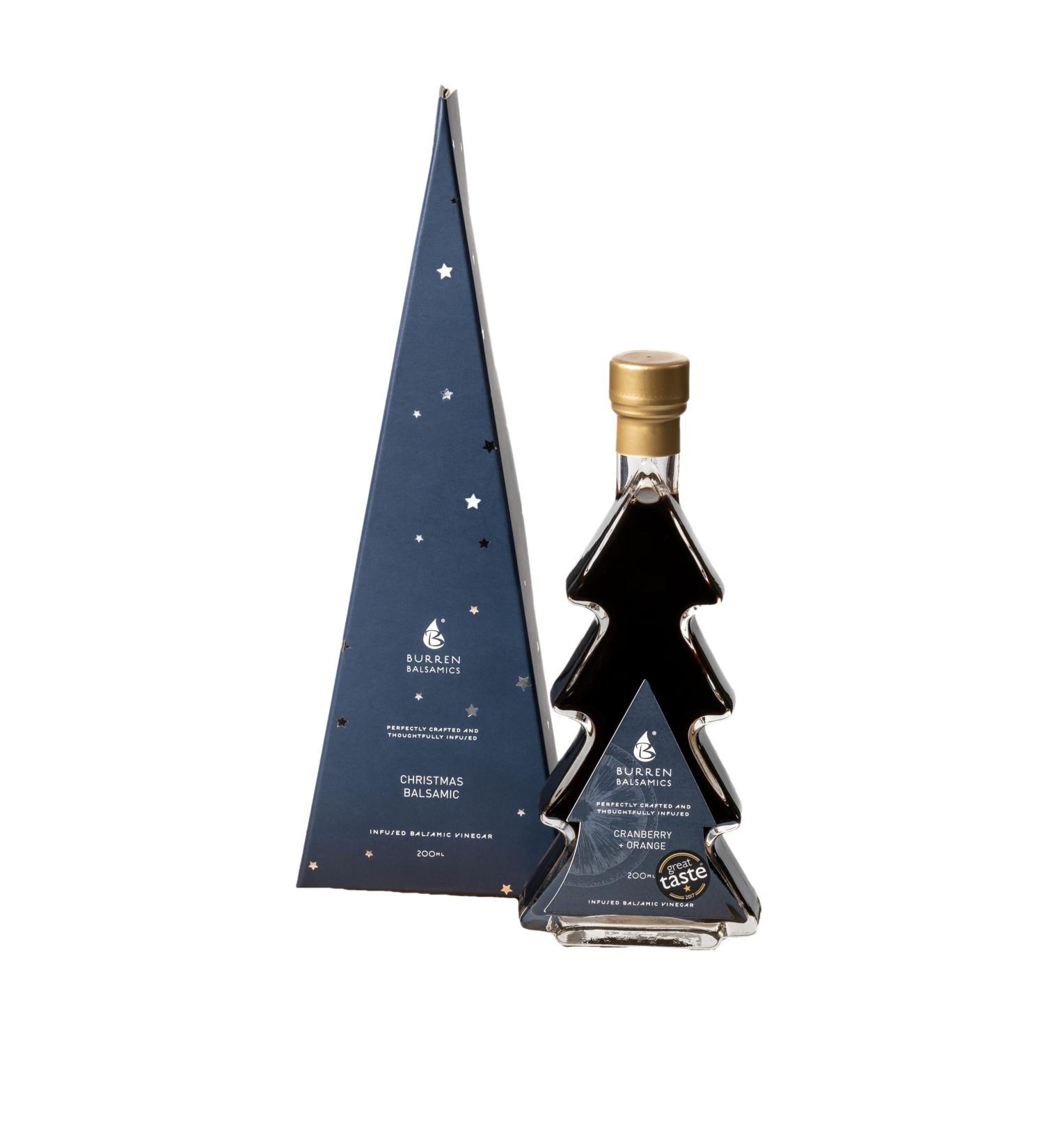 Burren Balsamics Christmas Balsamic: Cranberry and Orange Infused Balsamic Vinegar of Modena in 200ml Christmas Tree-Shaped Bottle and Box - Buy Online on GoSupps.com