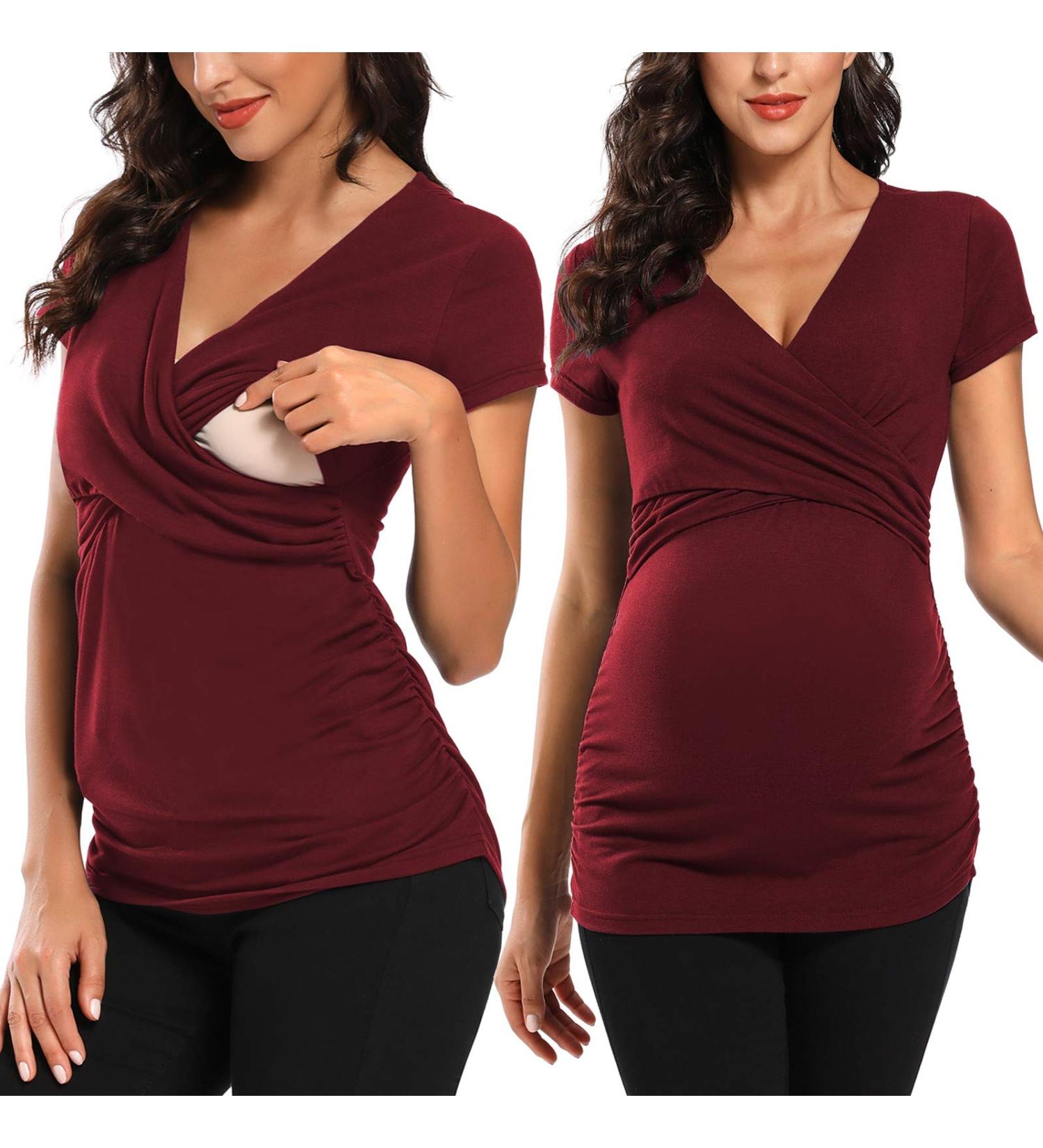 Love2Mi Maternity Nursing Shirt | Short Sleeve V-Neck Breastfeeding T-Shirt | Pregnancy XL - Wine Red - Buy Online on GoSupps.com